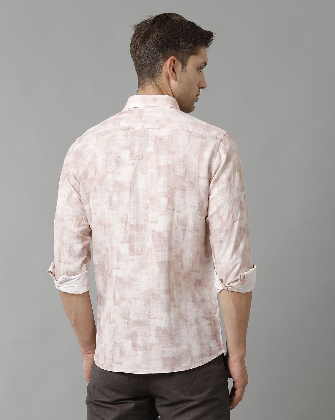 Linen Club Men's Pure Linen Pink Printed Regular Fit Full Sleeve Casual Shirt