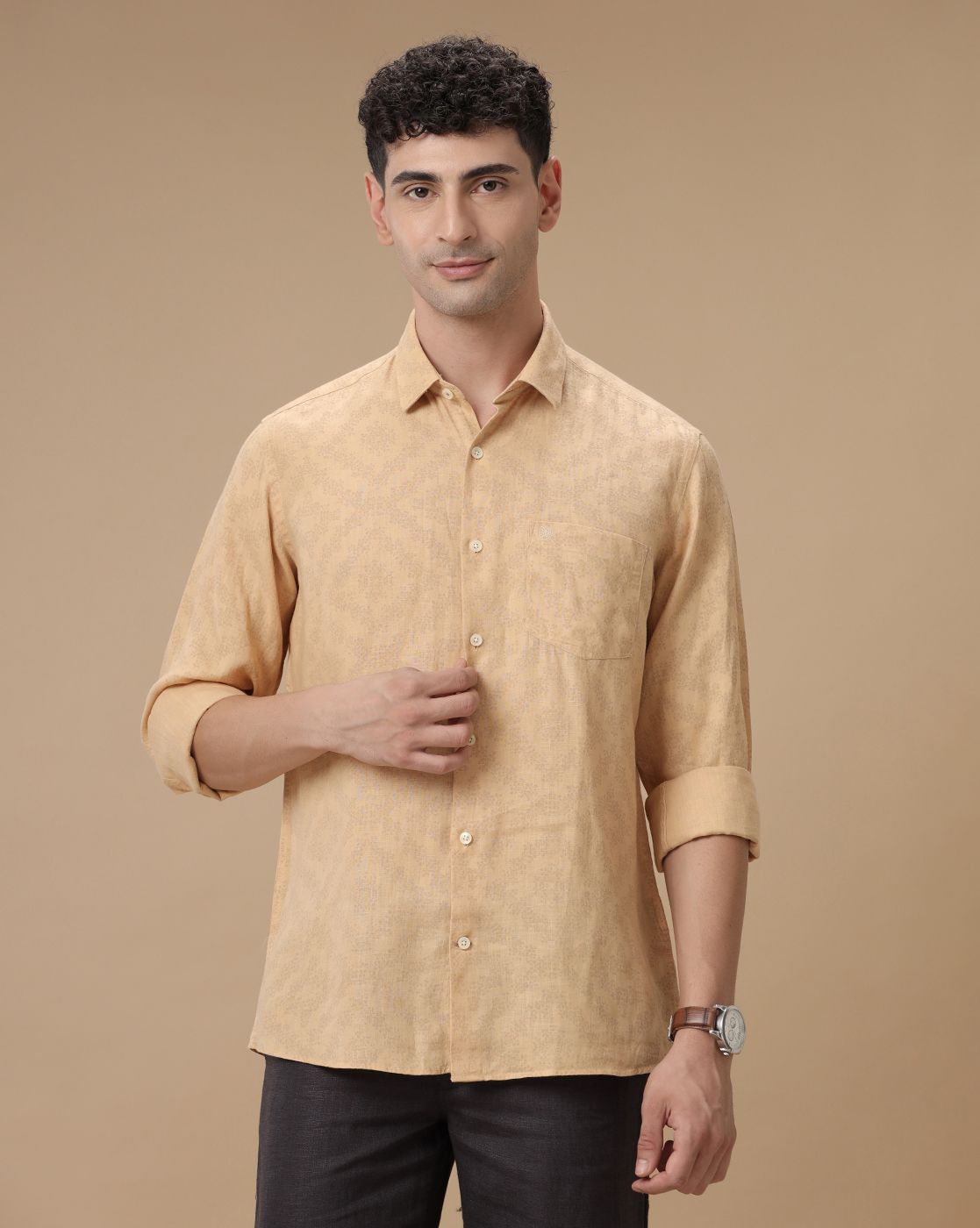 Men's Pure Linen Yellow Printed Contemporary Fit Full Sleeve Casual Shirt