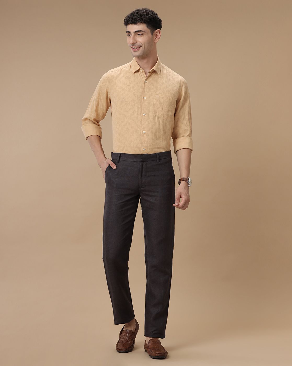 Men's Pure Linen Yellow Printed Contemporary Fit Full Sleeve Casual Shirt