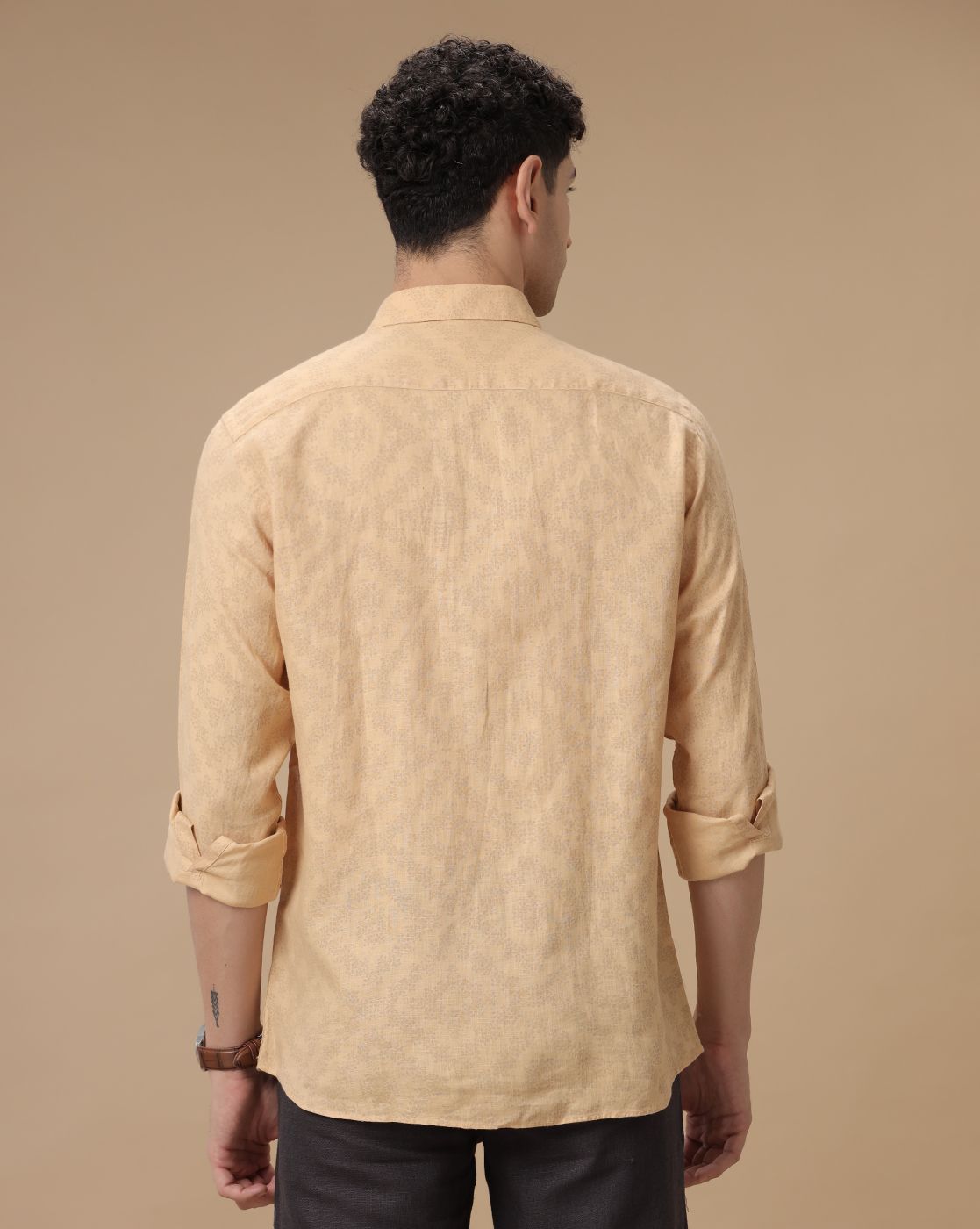 Men's Pure Linen Yellow Printed Contemporary Fit Full Sleeve Casual Shirt