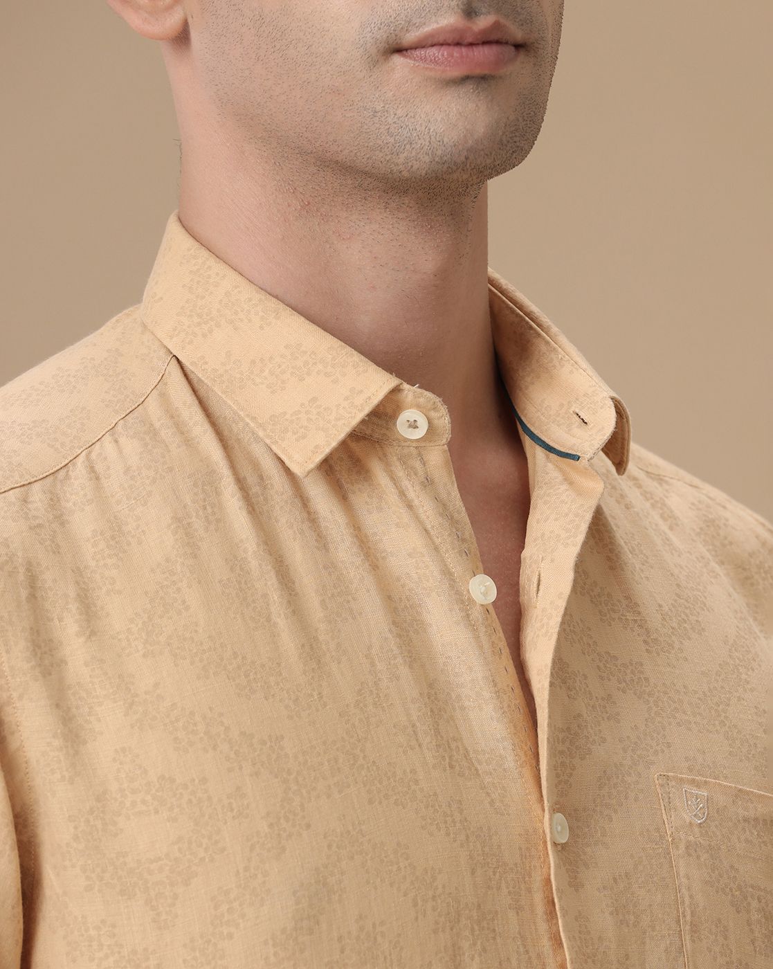 Men's Pure Linen Yellow Printed Contemporary Fit Full Sleeve Casual Shirt