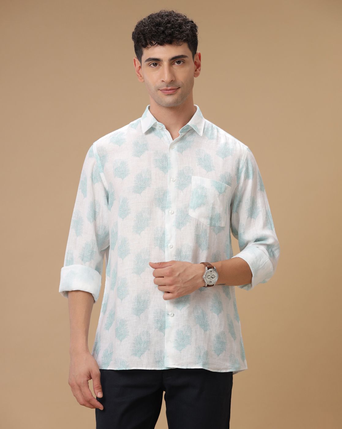 Men's Pure Linen Blue Printed Contemporary Fit Full Sleeve Casual Shirt