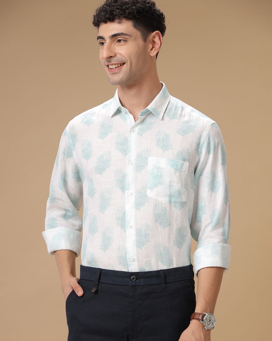 Men's Pure Linen Blue Printed Contemporary Fit Full Sleeve Casual Shirt
