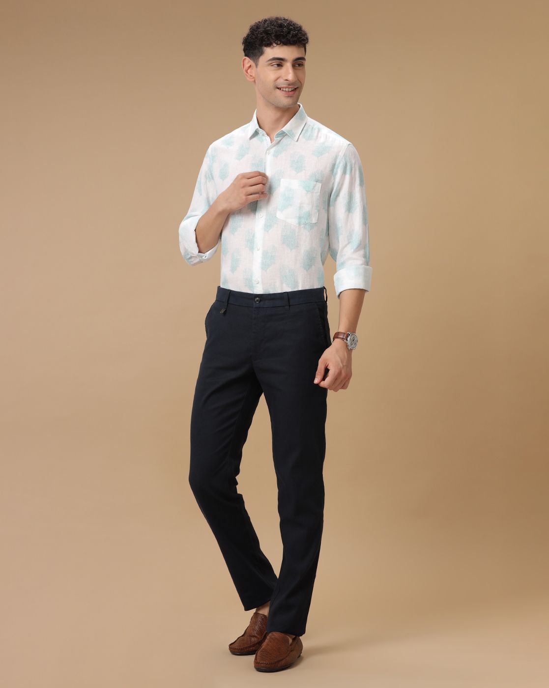 Men's Pure Linen Blue Printed Contemporary Fit Full Sleeve Casual Shirt
