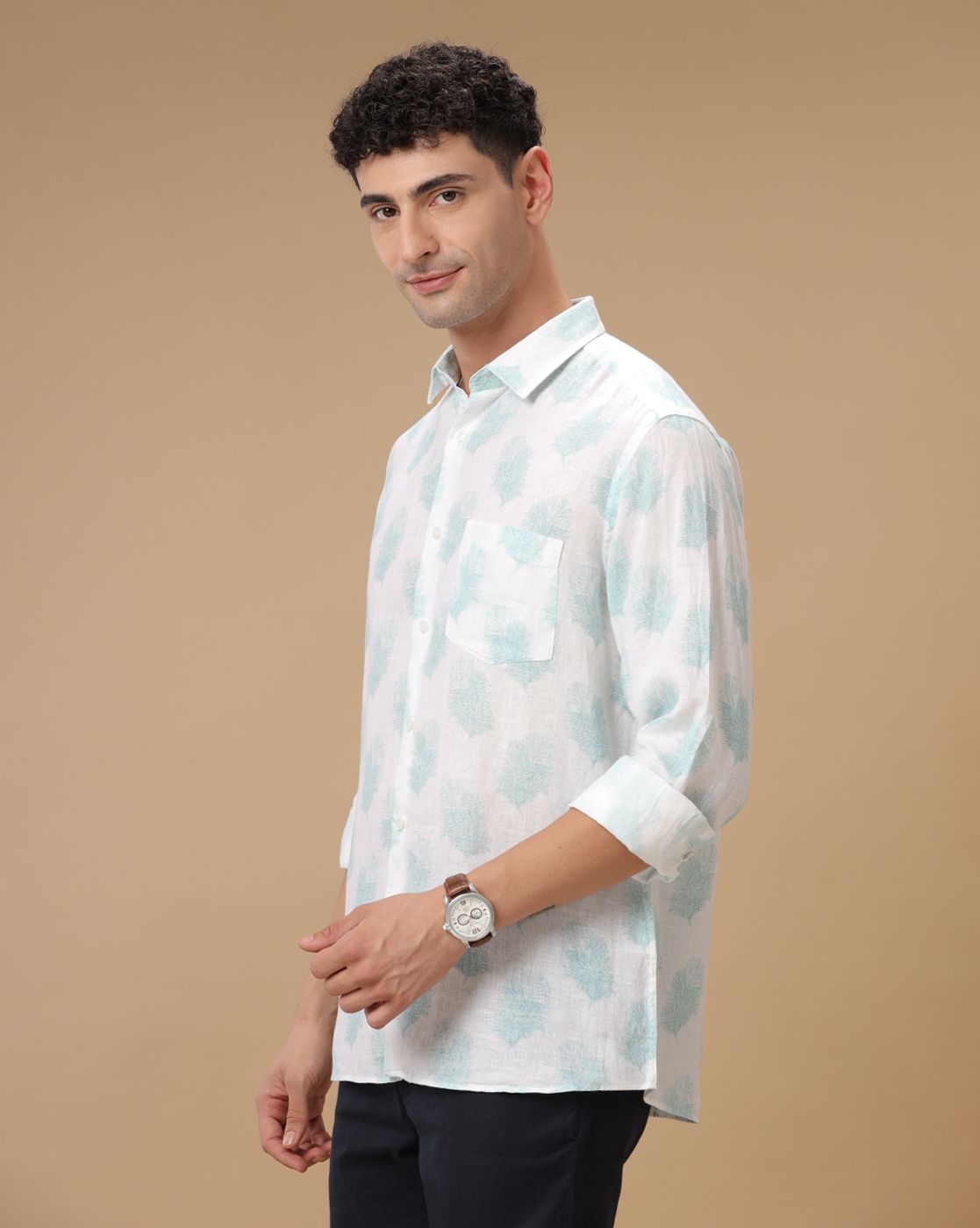 Men's Pure Linen Blue Printed Contemporary Fit Full Sleeve Casual Shirt
