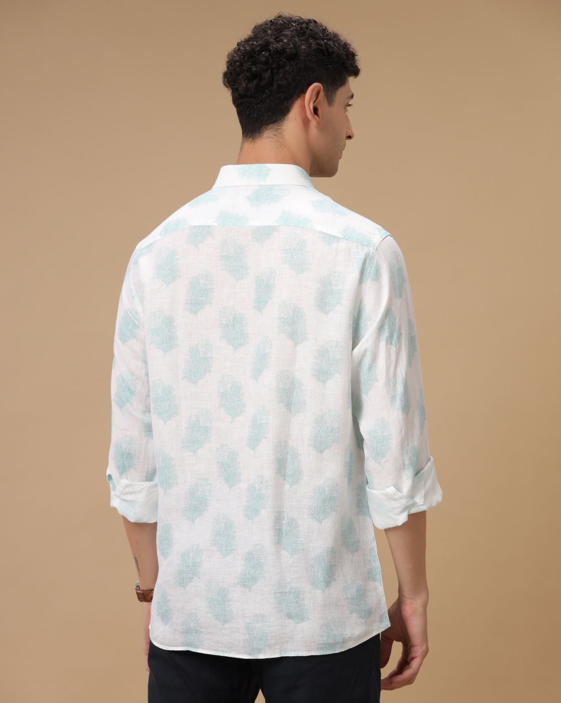 Men's Pure Linen Blue Printed Contemporary Fit Full Sleeve Casual Shirt