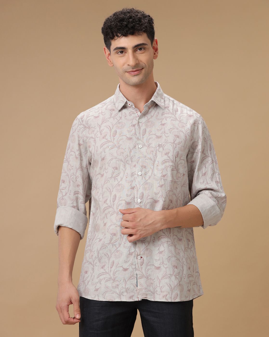Men's Pure Linen Grey Printed Contemporary Fit Full Sleeve Casual Shirt