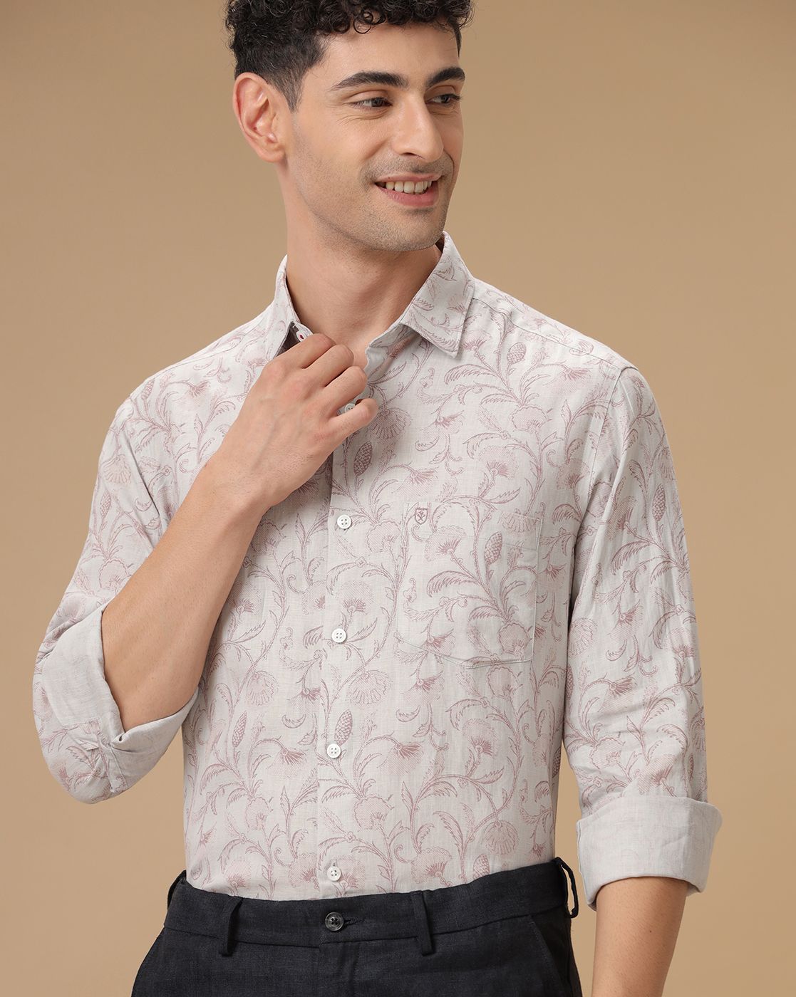 Men's Pure Linen Grey Printed Contemporary Fit Full Sleeve Casual Shirt