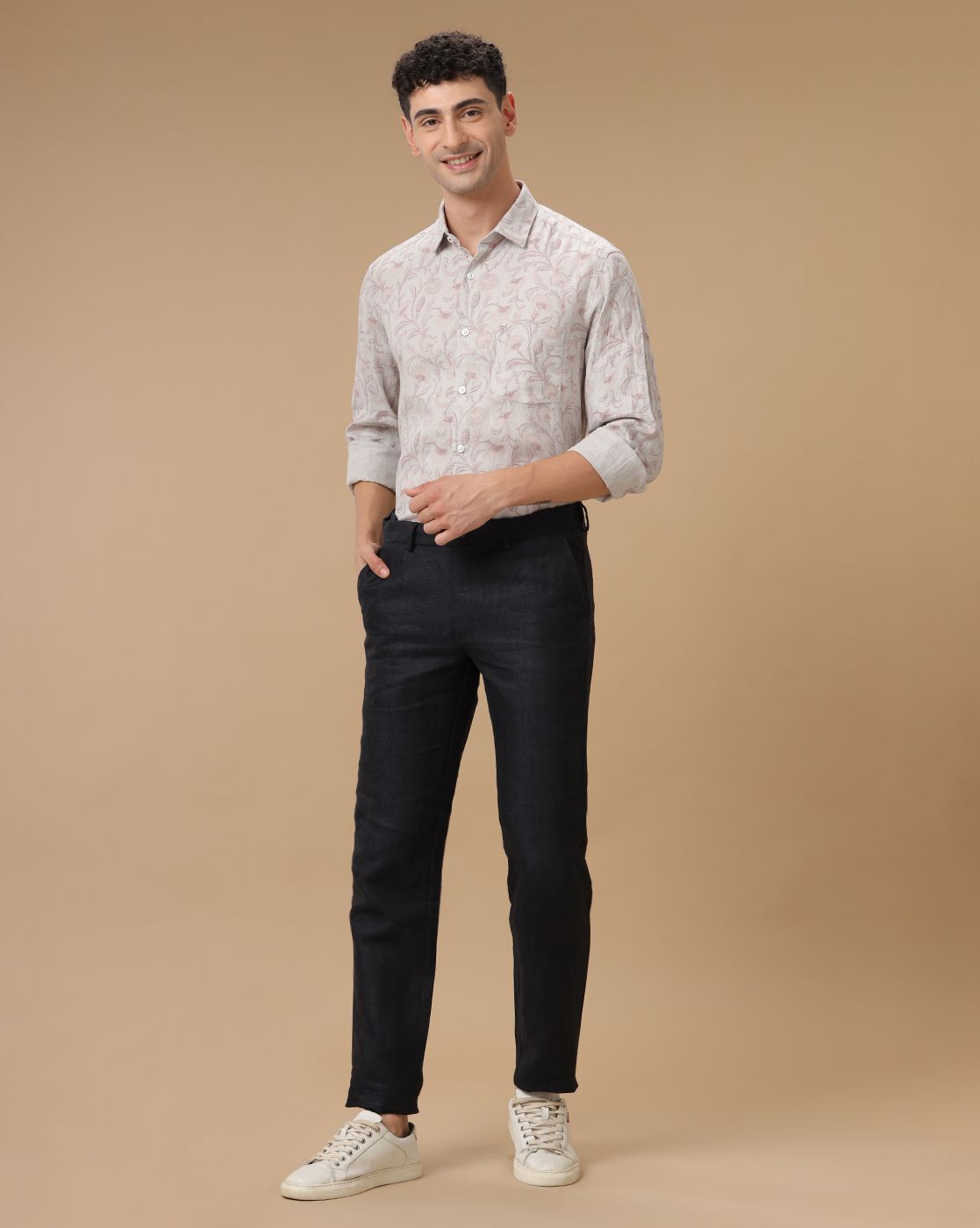 Men's Pure Linen Grey Printed Contemporary Fit Full Sleeve Casual Shirt