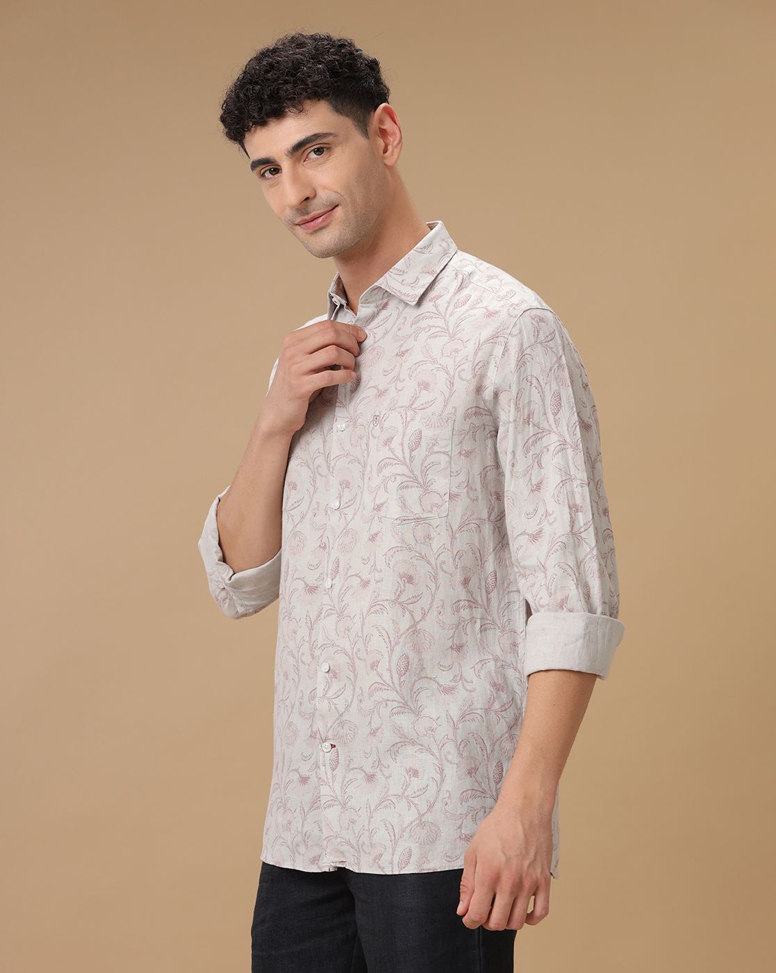 Men's Pure Linen Grey Printed Contemporary Fit Full Sleeve Casual Shirt