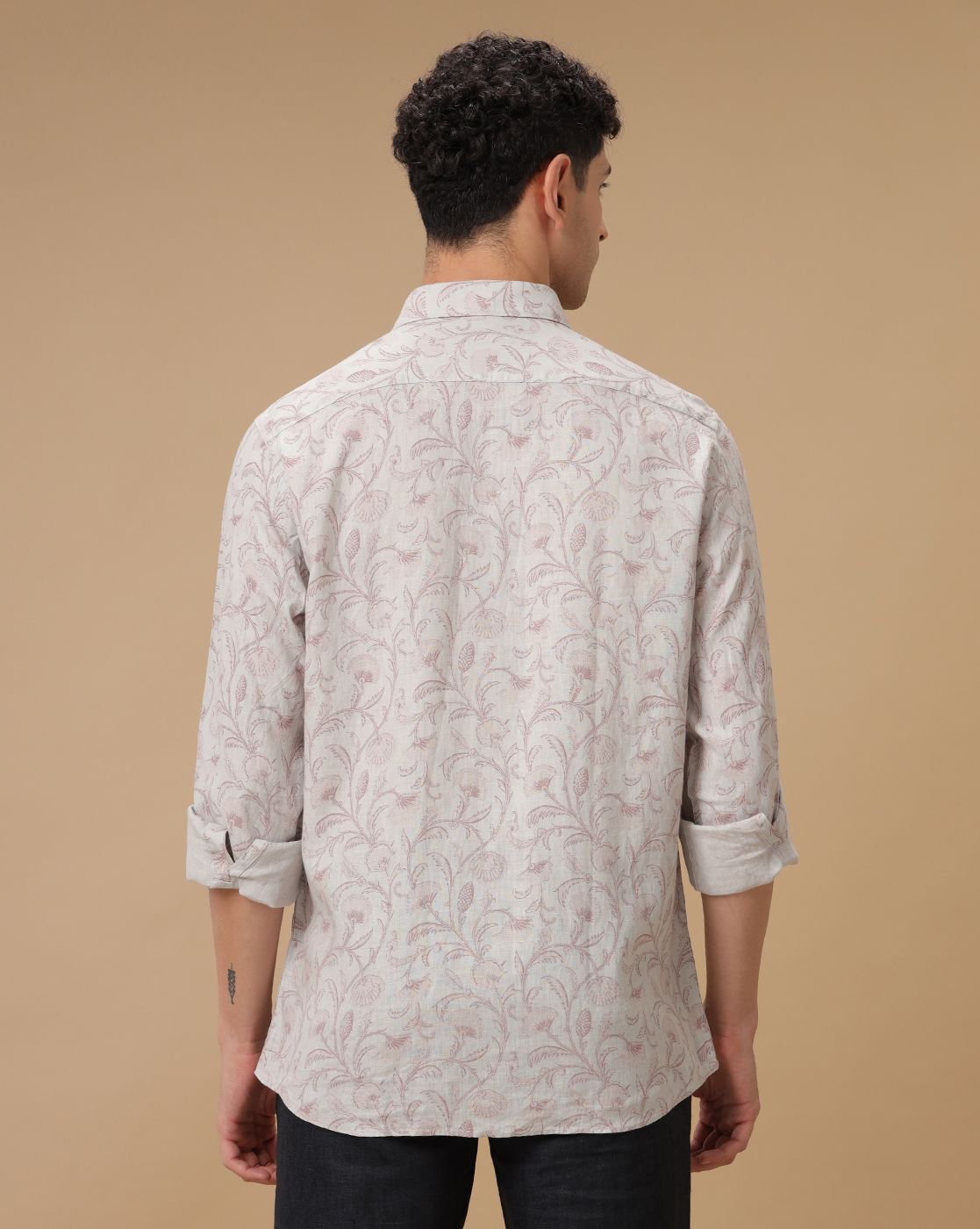 Men's Pure Linen Grey Printed Contemporary Fit Full Sleeve Casual Shirt