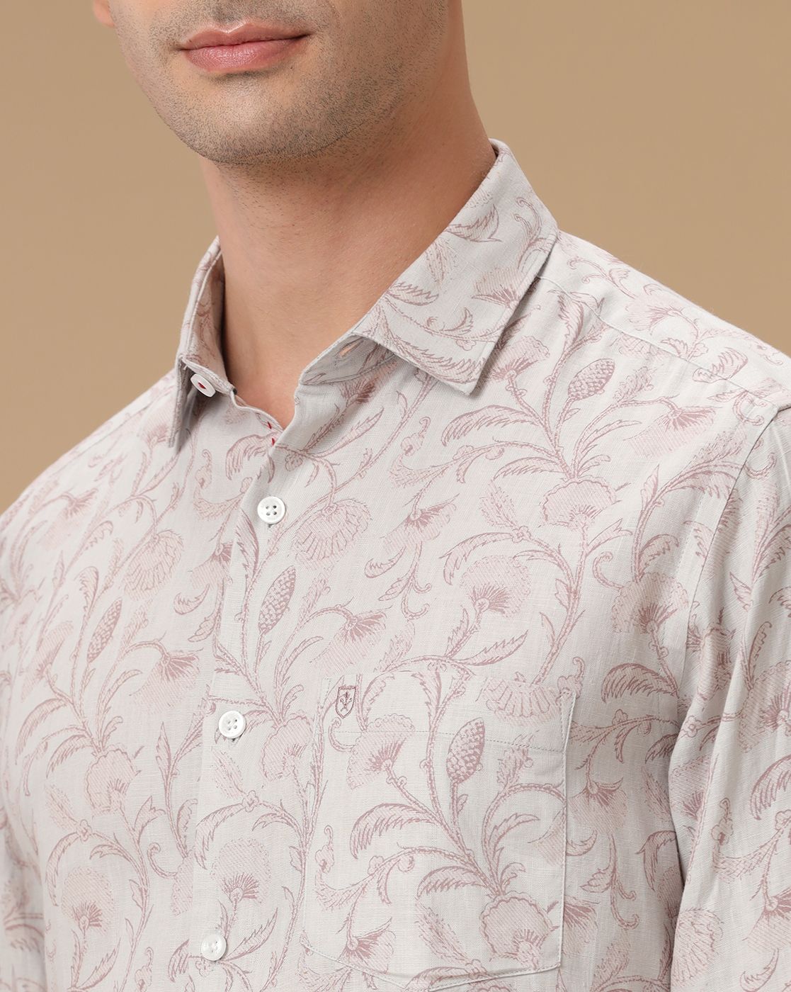 Men's Pure Linen Grey Printed Contemporary Fit Full Sleeve Casual Shirt