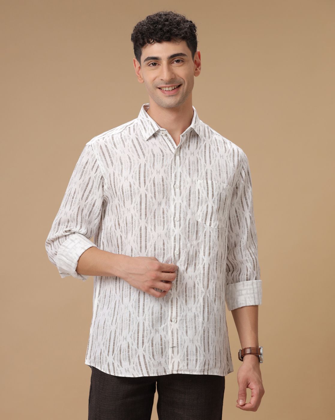 Men's Pure Linen Brown Printed Contemporary Fit Full Sleeve Casual Shirt