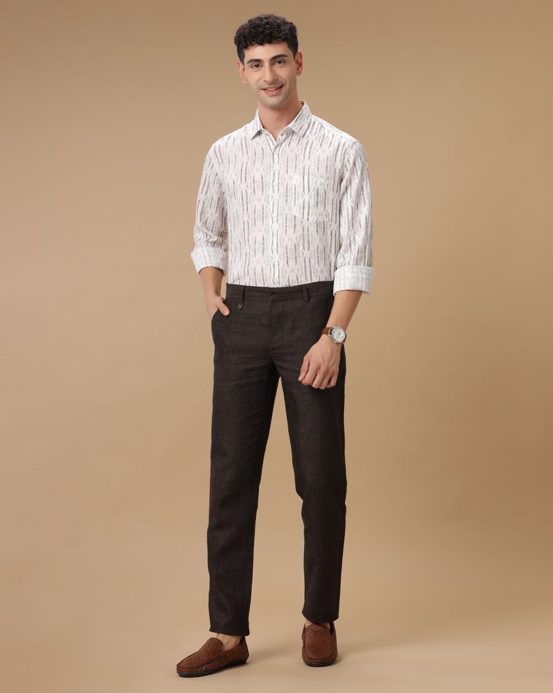 Men's Pure Linen Brown Printed Contemporary Fit Full Sleeve Casual Shirt