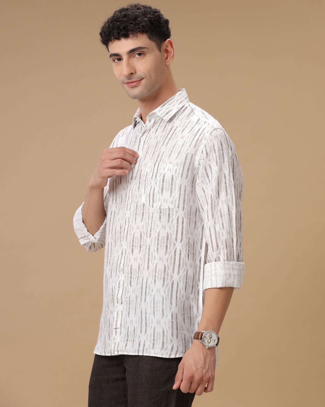 Men's Pure Linen Brown Printed Contemporary Fit Full Sleeve Casual Shirt