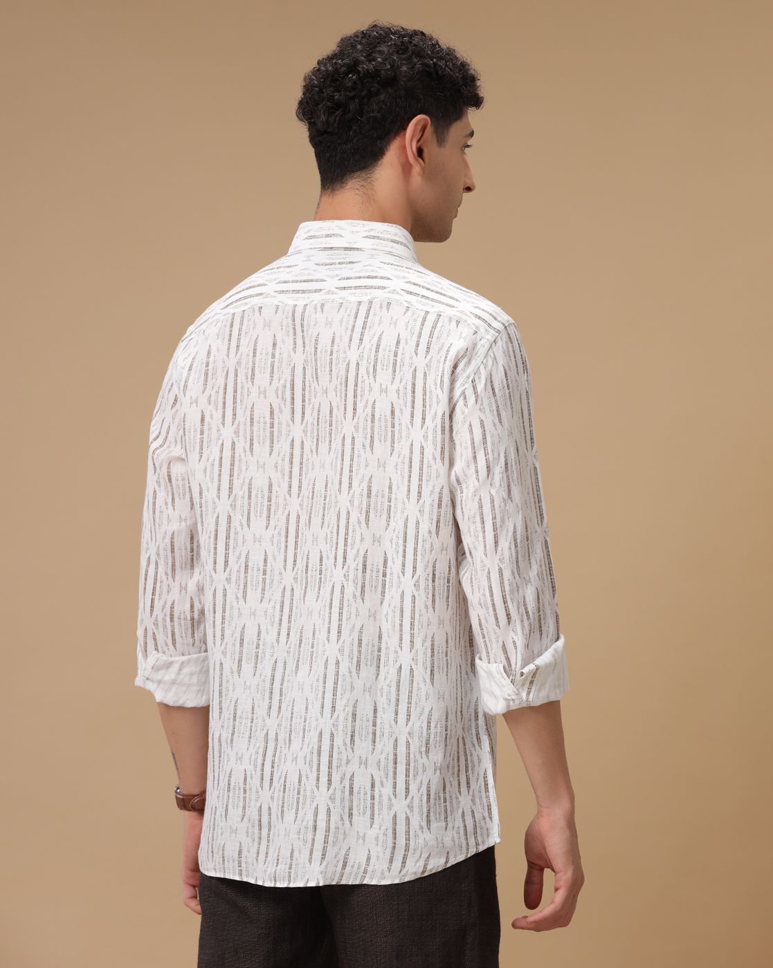 Men's Pure Linen Brown Printed Contemporary Fit Full Sleeve Casual Shirt