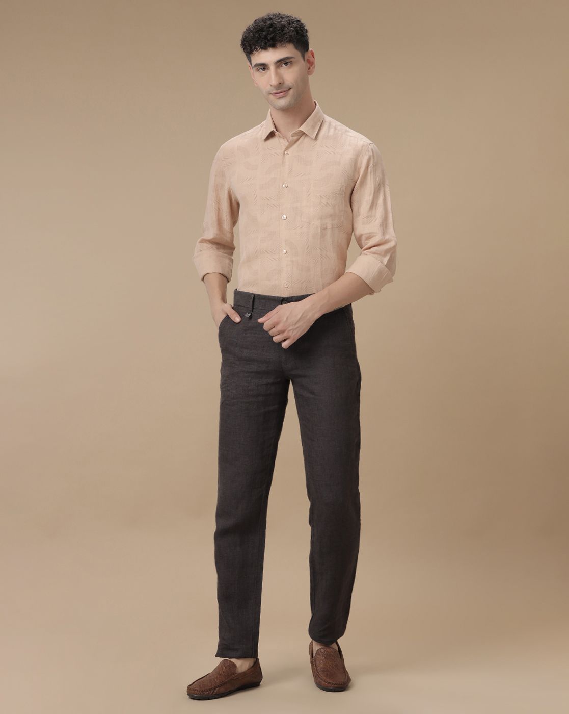Men's Pure Linen Peach Printed Contemporary Fit Full Sleeve Casual Shirt