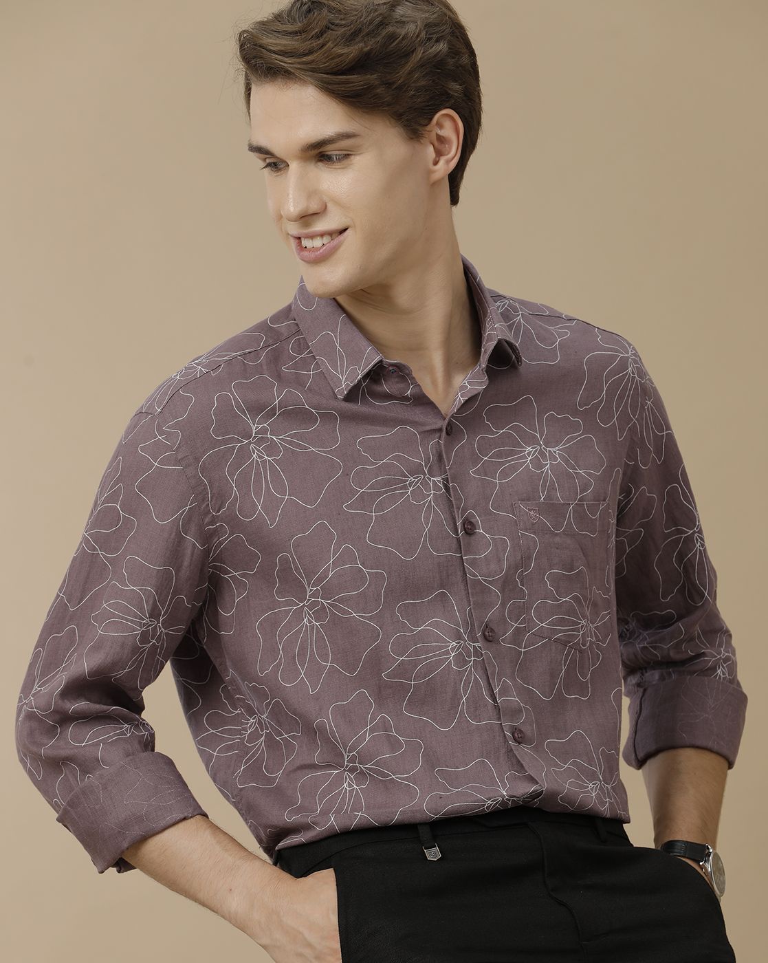 Men's Pure Linen Purple Printed Contemporary Fit Full Sleeve Casual Shirt