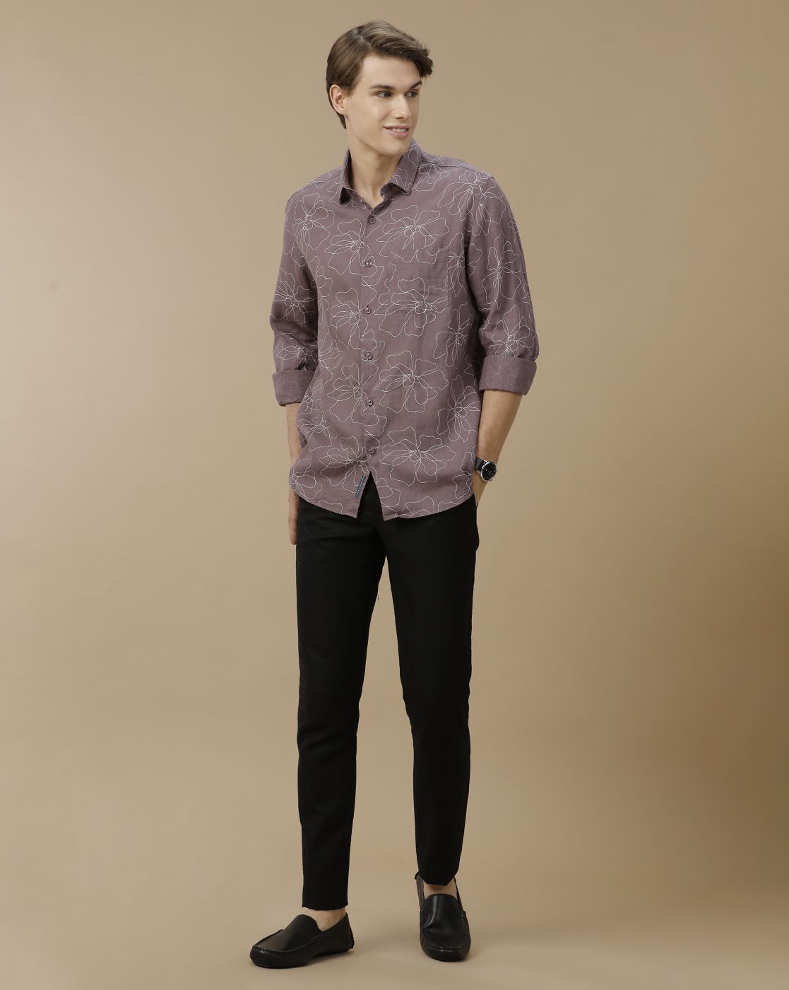 Men's Pure Linen Purple Printed Contemporary Fit Full Sleeve Casual Shirt
