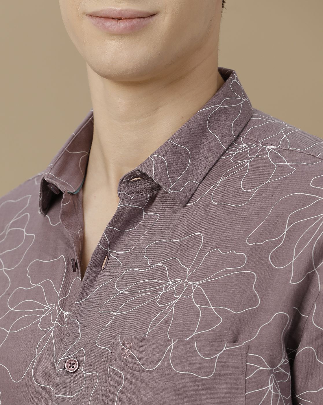 Men's Pure Linen Purple Printed Contemporary Fit Full Sleeve Casual Shirt