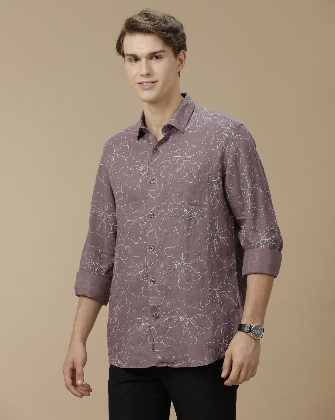 Men's Pure Linen Purple Printed Contemporary Fit Full Sleeve Casual Shirt