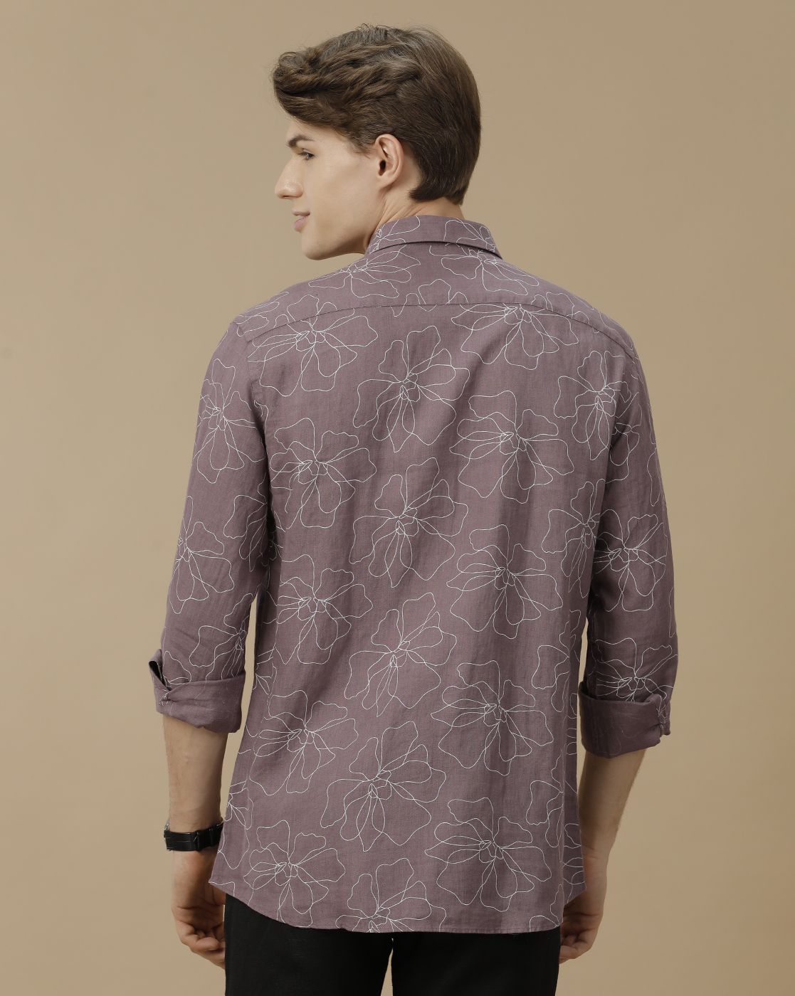 Men's Pure Linen Purple Printed Contemporary Fit Full Sleeve Casual Shirt