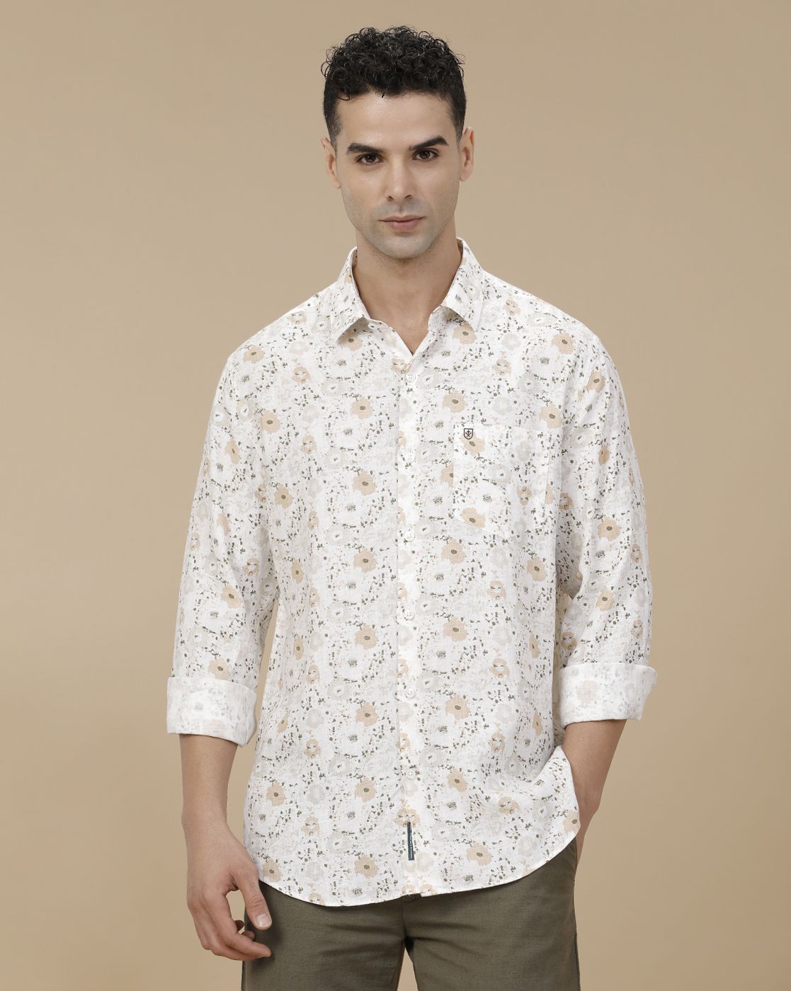 Linen Club Men's Pure Linen White Printed Contemporary Fit Full Sleeve Casual Shirt
