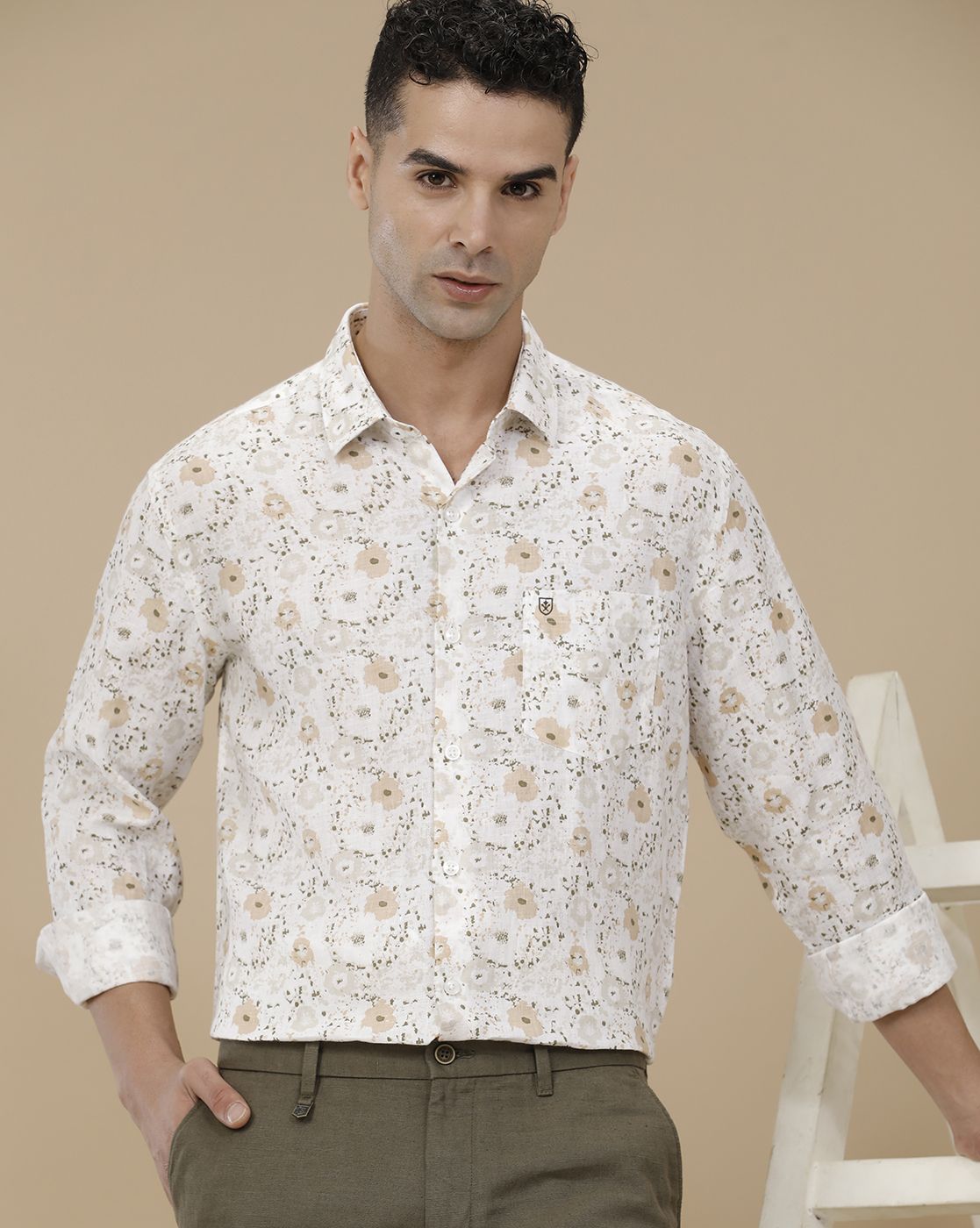 Linen Club Men's Pure Linen White Printed Contemporary Fit Full Sleeve Casual Shirt