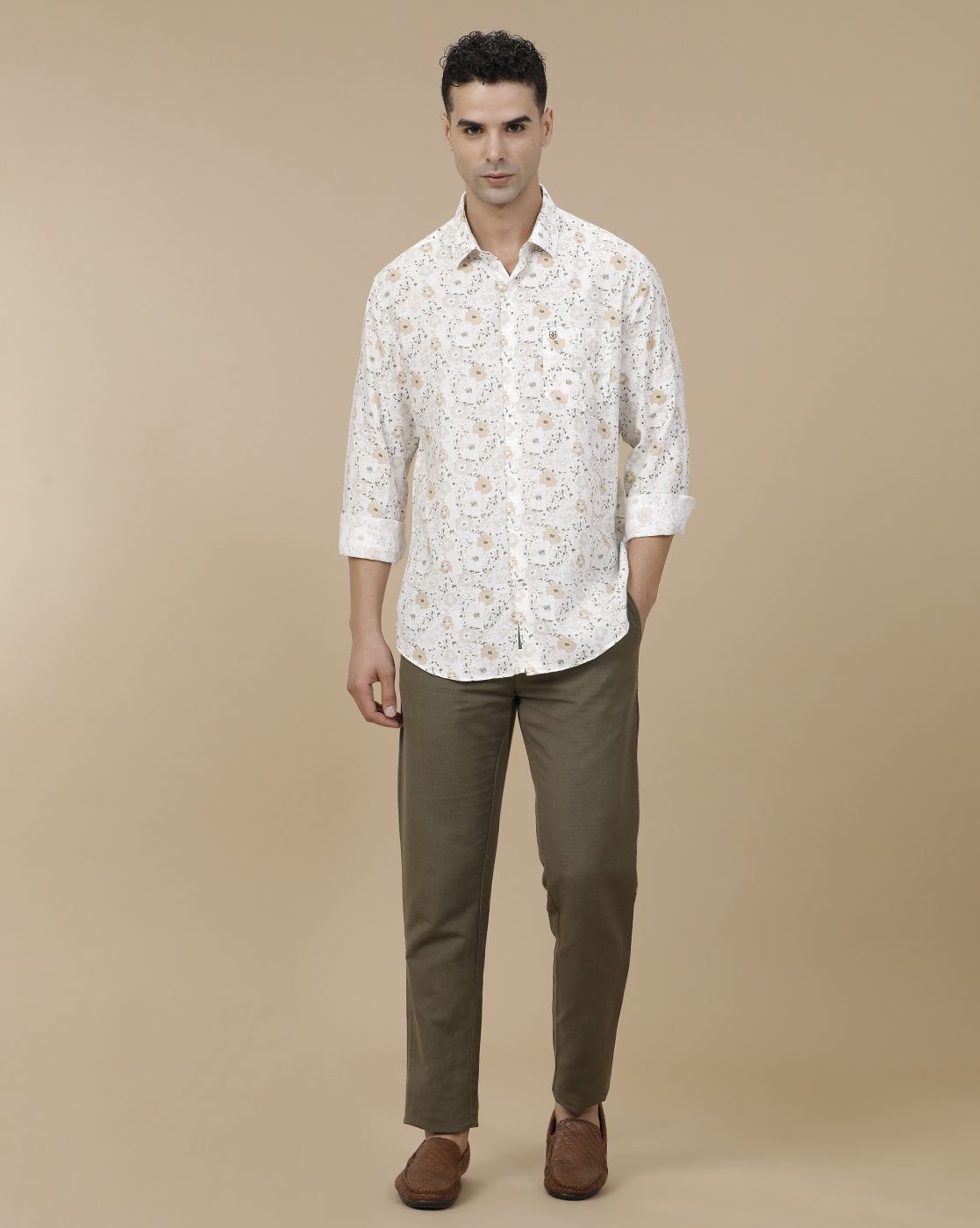 Linen Club Men's Pure Linen White Printed Contemporary Fit Full Sleeve Casual Shirt