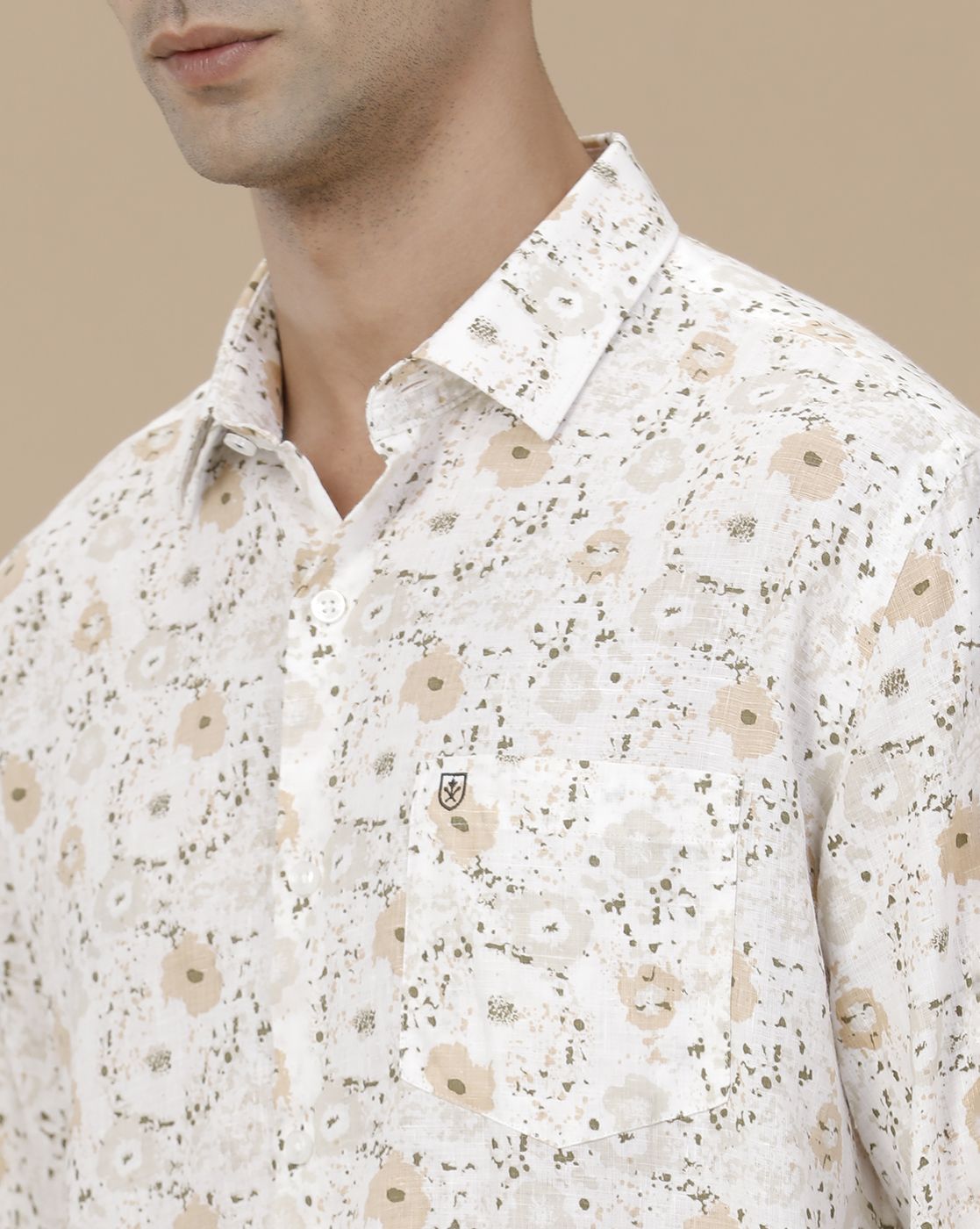Linen Club Men's Pure Linen White Printed Contemporary Fit Full Sleeve Casual Shirt
