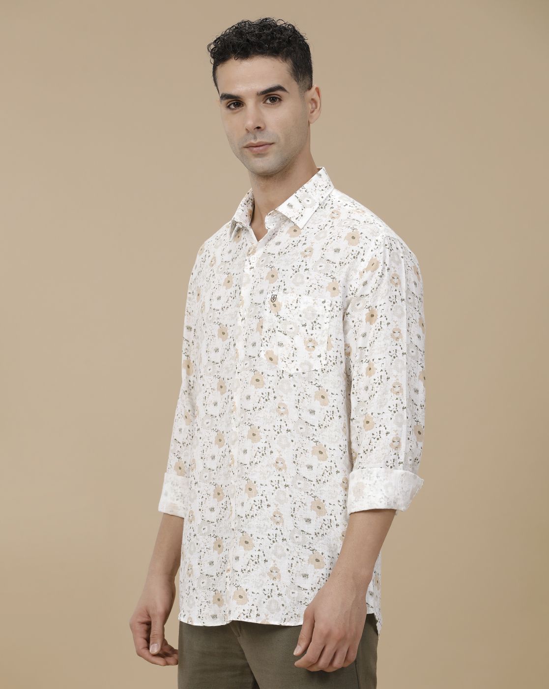 Linen Club Men's Pure Linen White Printed Contemporary Fit Full Sleeve Casual Shirt