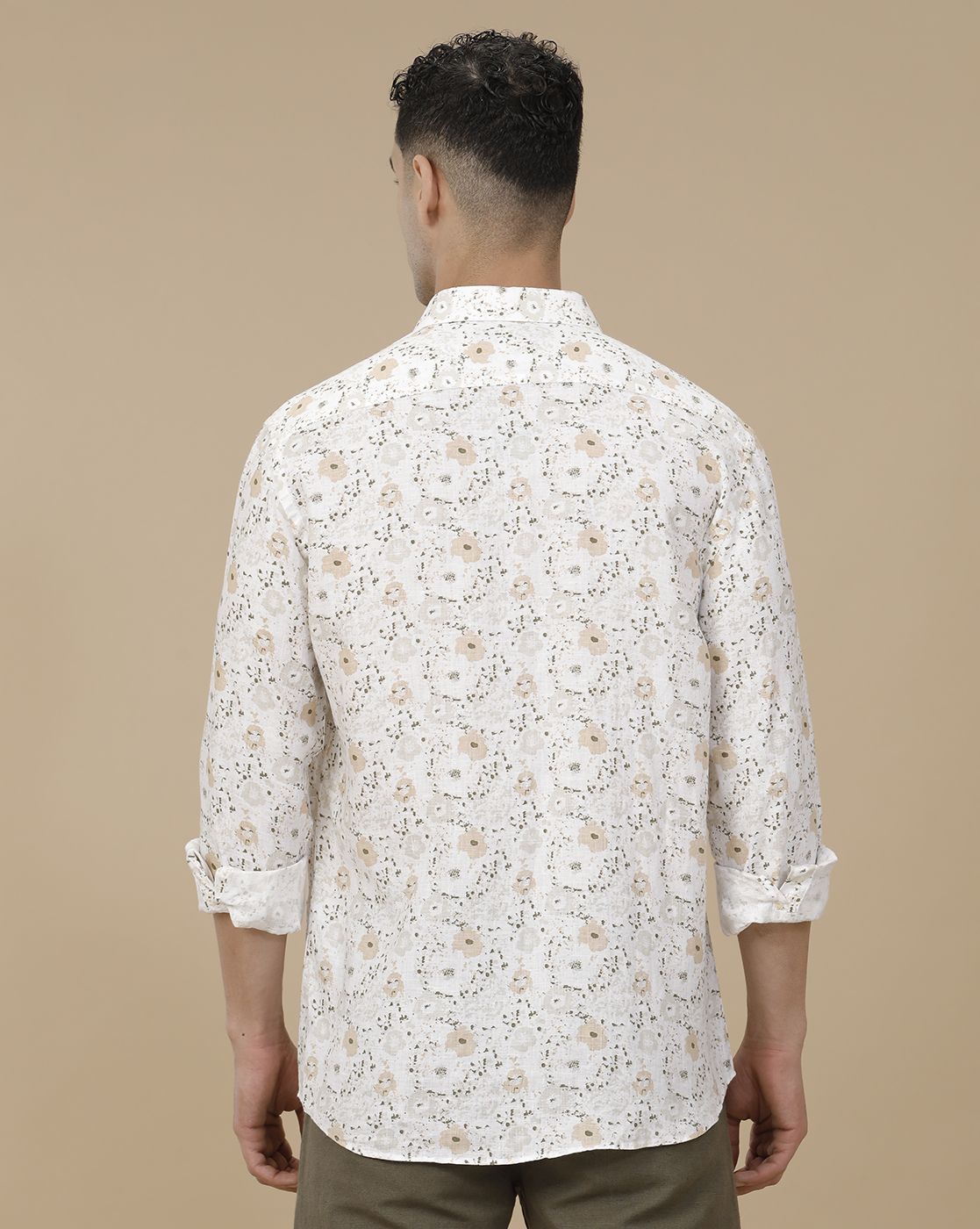 Linen Club Men's Pure Linen White Printed Contemporary Fit Full Sleeve Casual Shirt