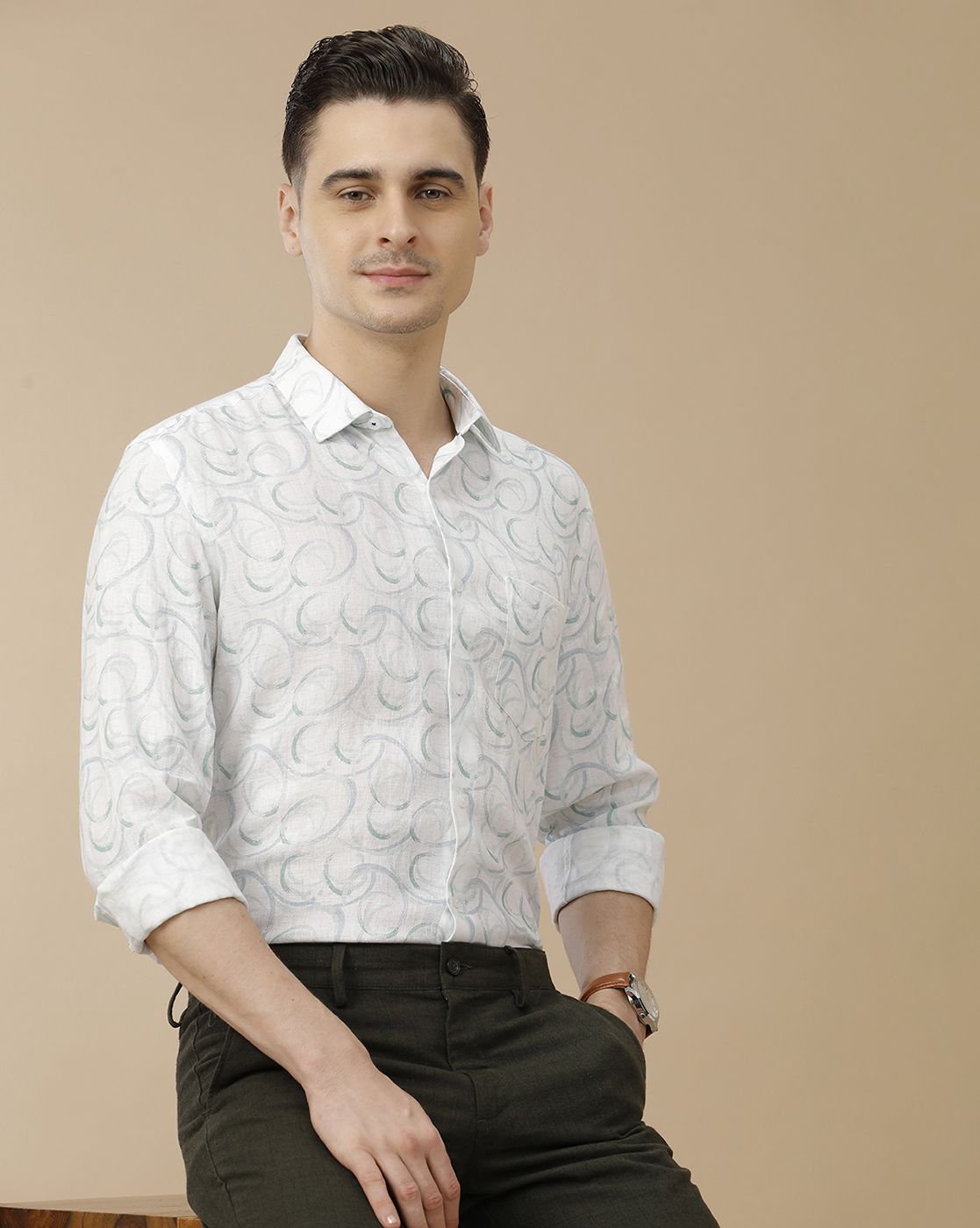 Men's Pure Linen White Printed Contemporary Fit Full Sleeve Casual Shirt