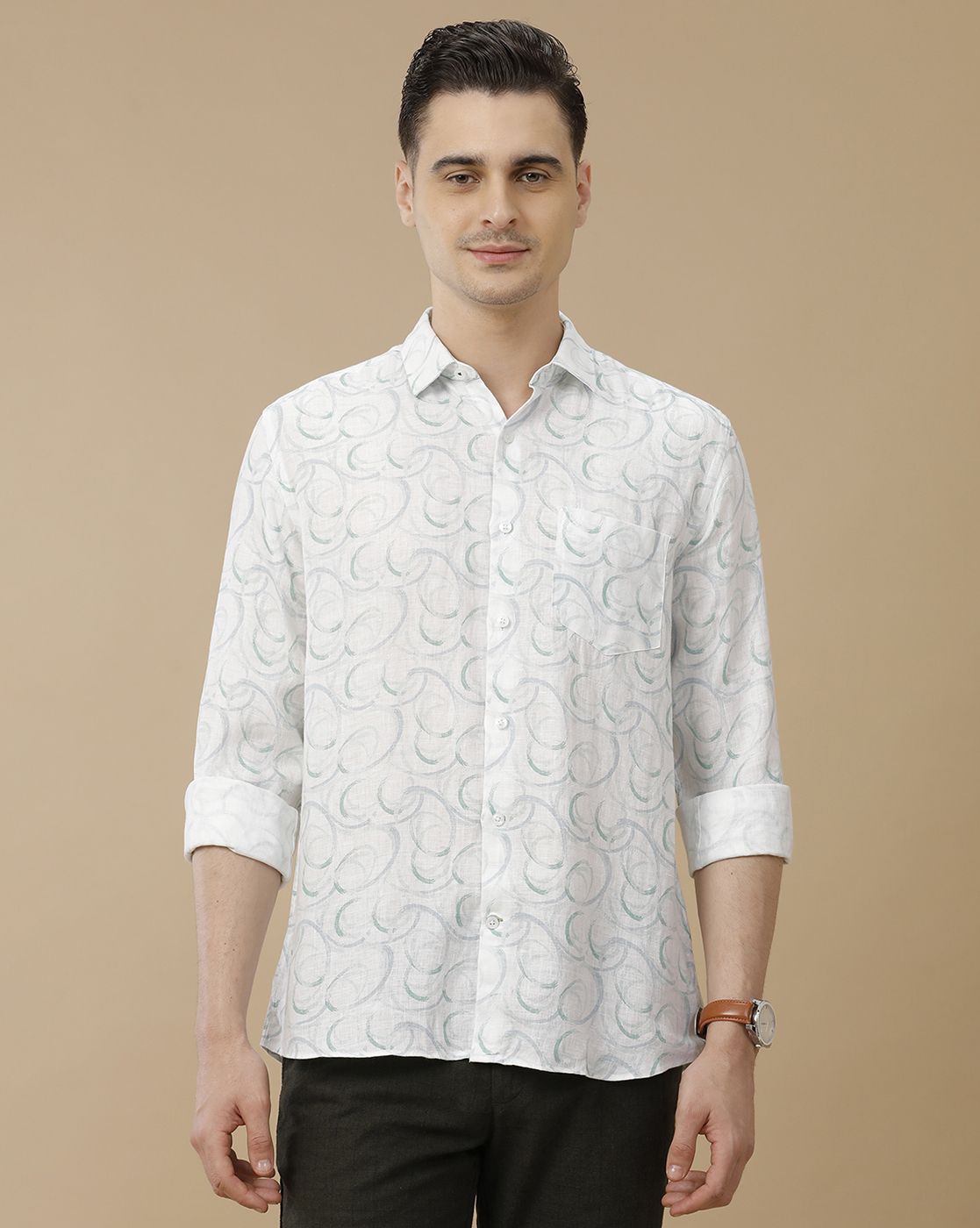Men's Pure Linen White Printed Contemporary Fit Full Sleeve Casual Shirt