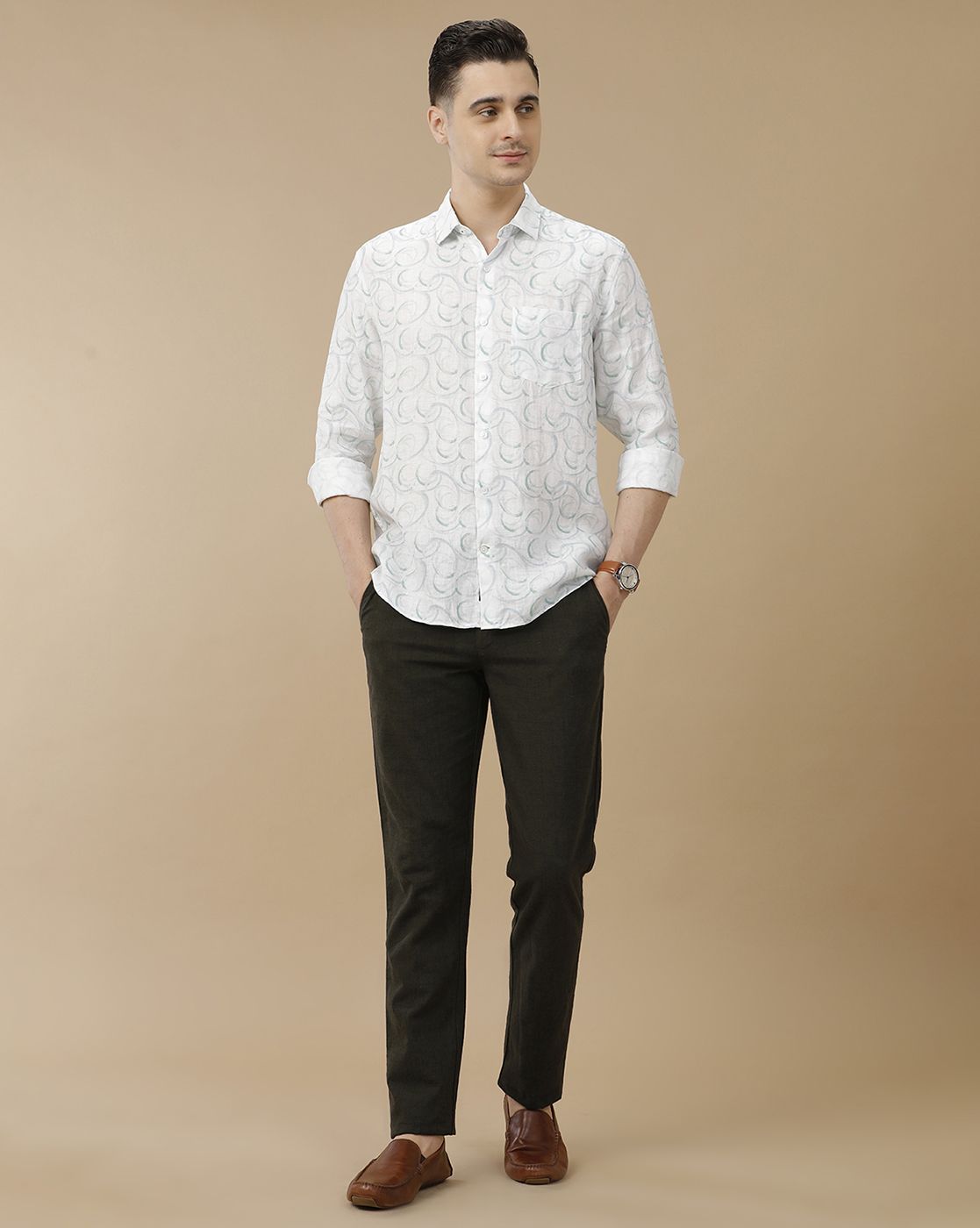 Men's Pure Linen White Printed Contemporary Fit Full Sleeve Casual Shirt