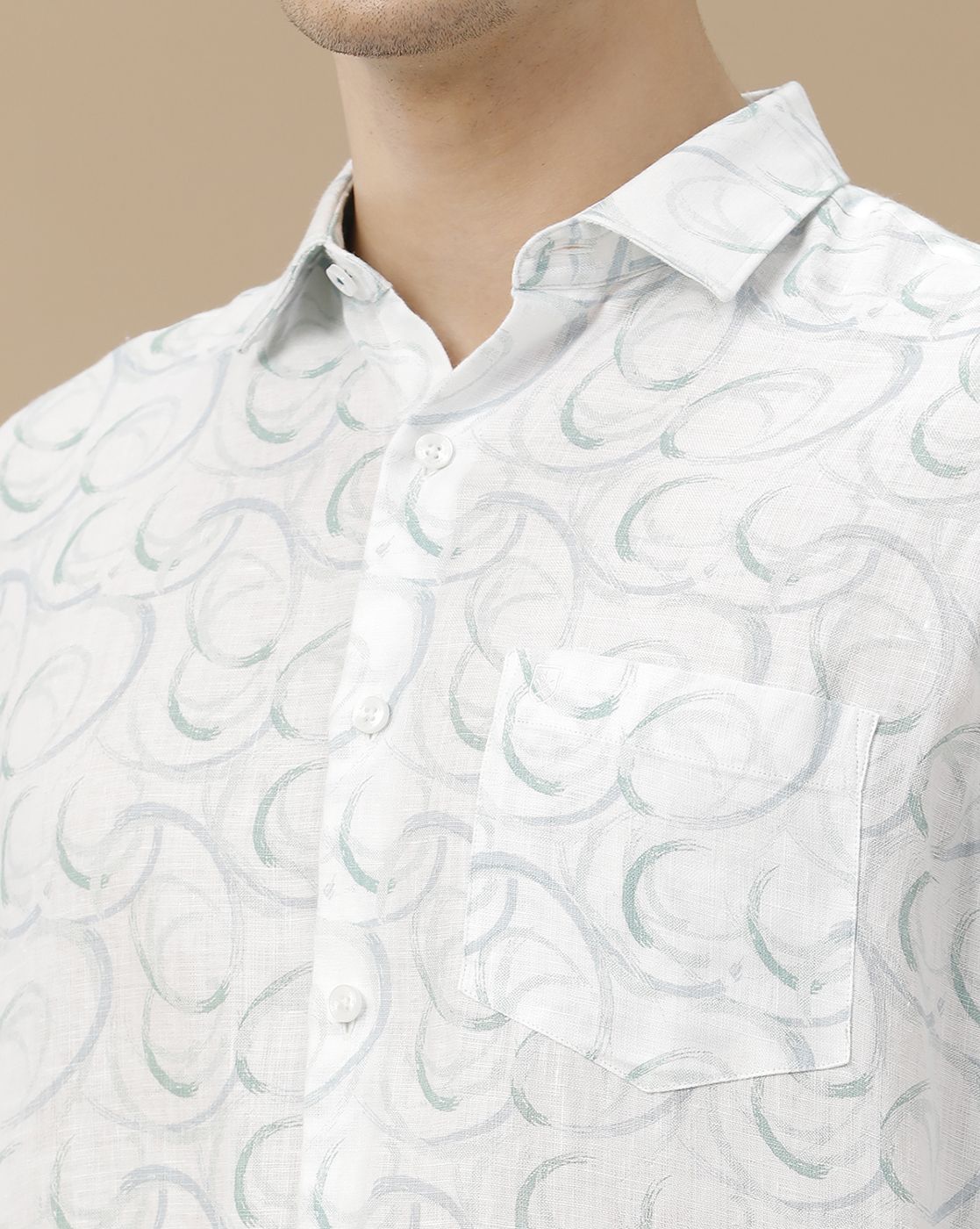 Men's Pure Linen White Printed Contemporary Fit Full Sleeve Casual Shirt