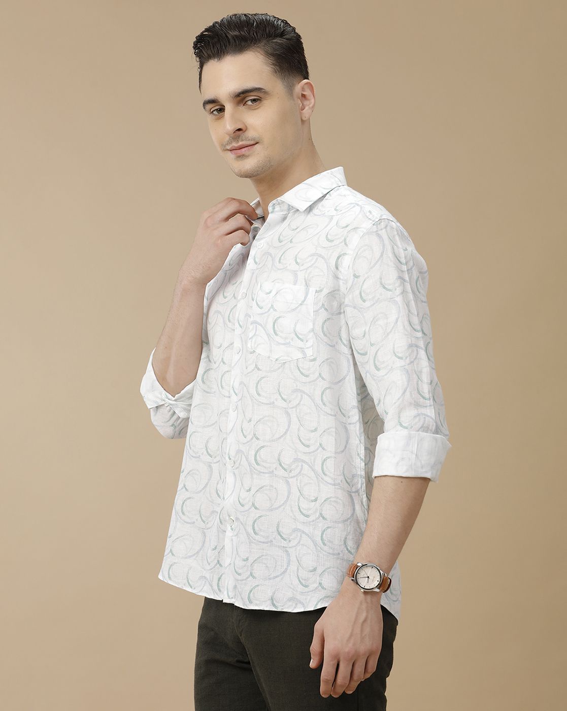 Men's Pure Linen White Printed Contemporary Fit Full Sleeve Casual Shirt
