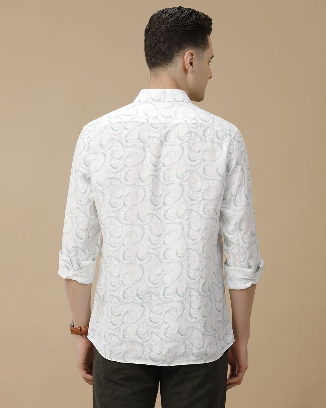 Men's Pure Linen White Printed Contemporary Fit Full Sleeve Casual Shirt