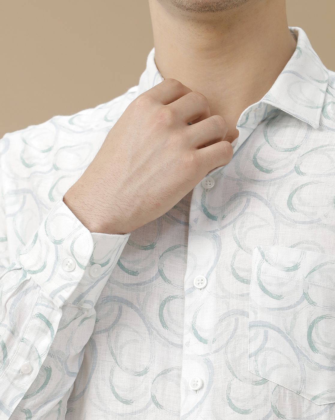Men's Pure Linen White Printed Contemporary Fit Full Sleeve Casual Shirt