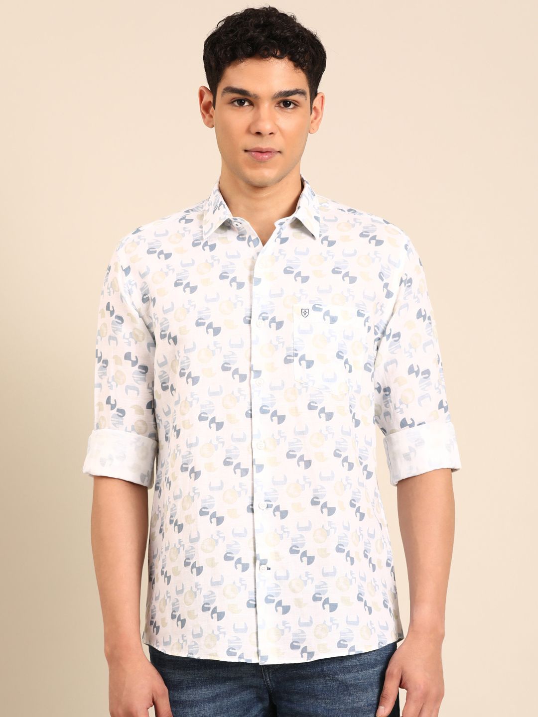 Linen Club Men's Linen Rich White Printed Contemporary Fit Full Sleeve Casual Shirt