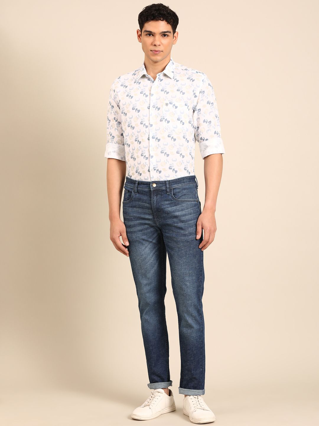 Linen Club Men's Linen Rich White Printed Contemporary Fit Full Sleeve Casual Shirt