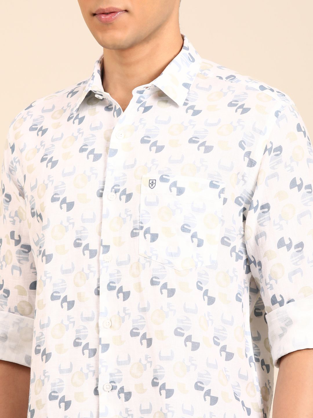 Linen Club Men's Linen Rich White Printed Contemporary Fit Full Sleeve Casual Shirt
