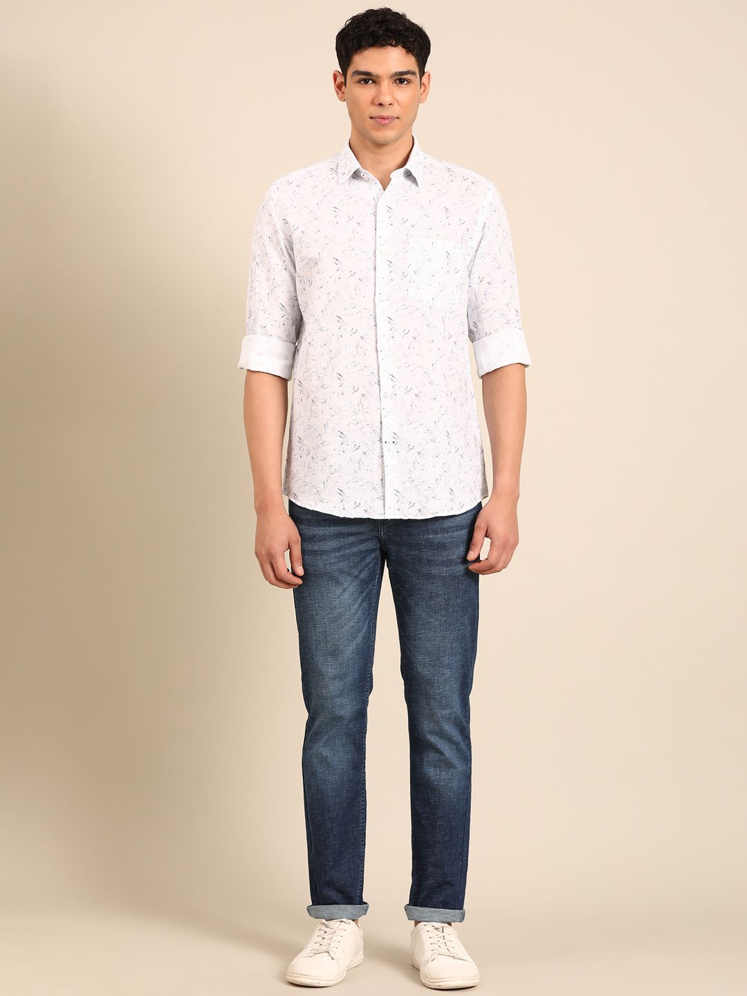 Linen Club Men's Linen Rich White Printed Contemporary Fit Full Sleeve Casual Shirt