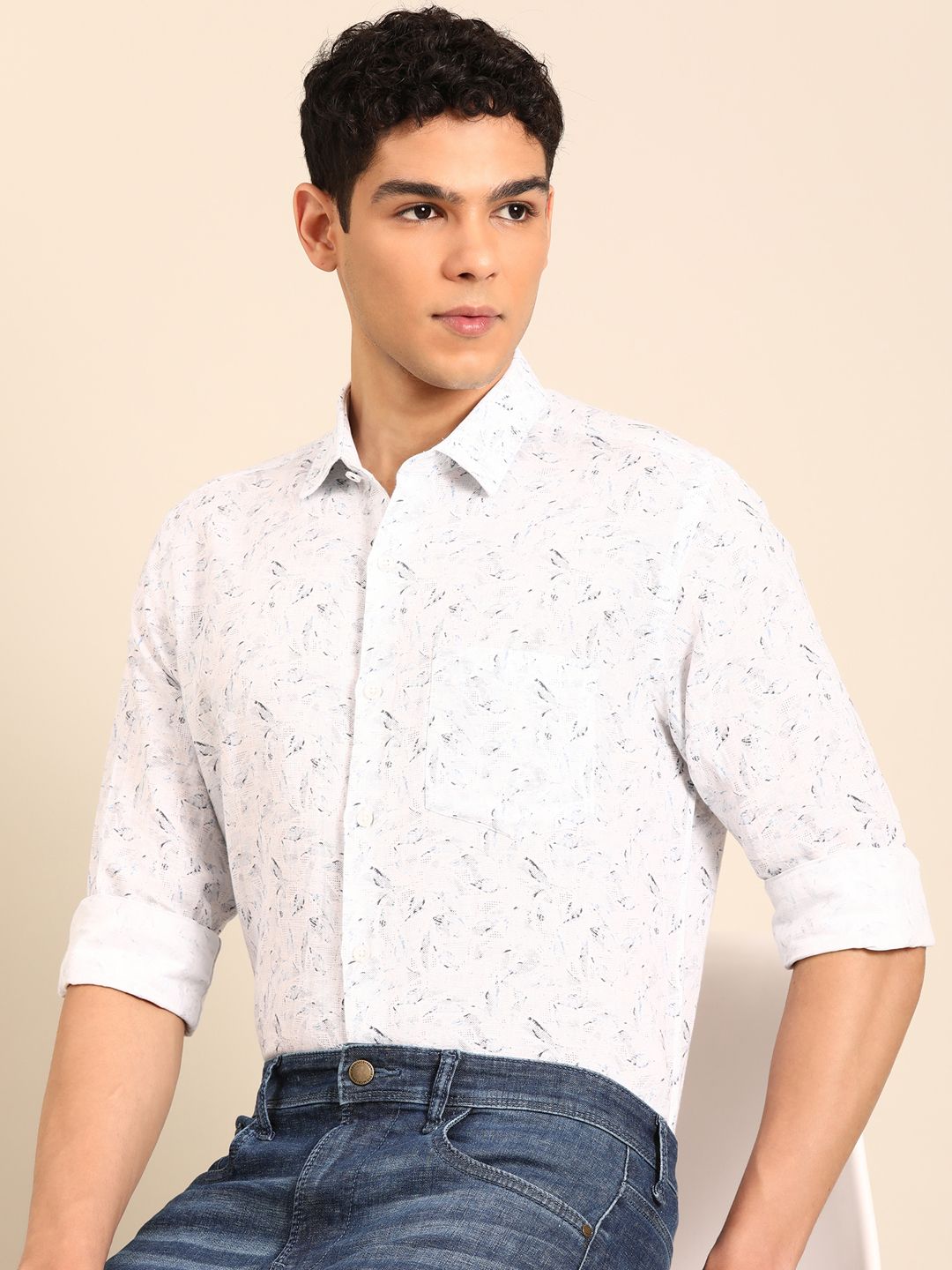 Linen Club Men's Linen Rich White Printed Contemporary Fit Full Sleeve Casual Shirt