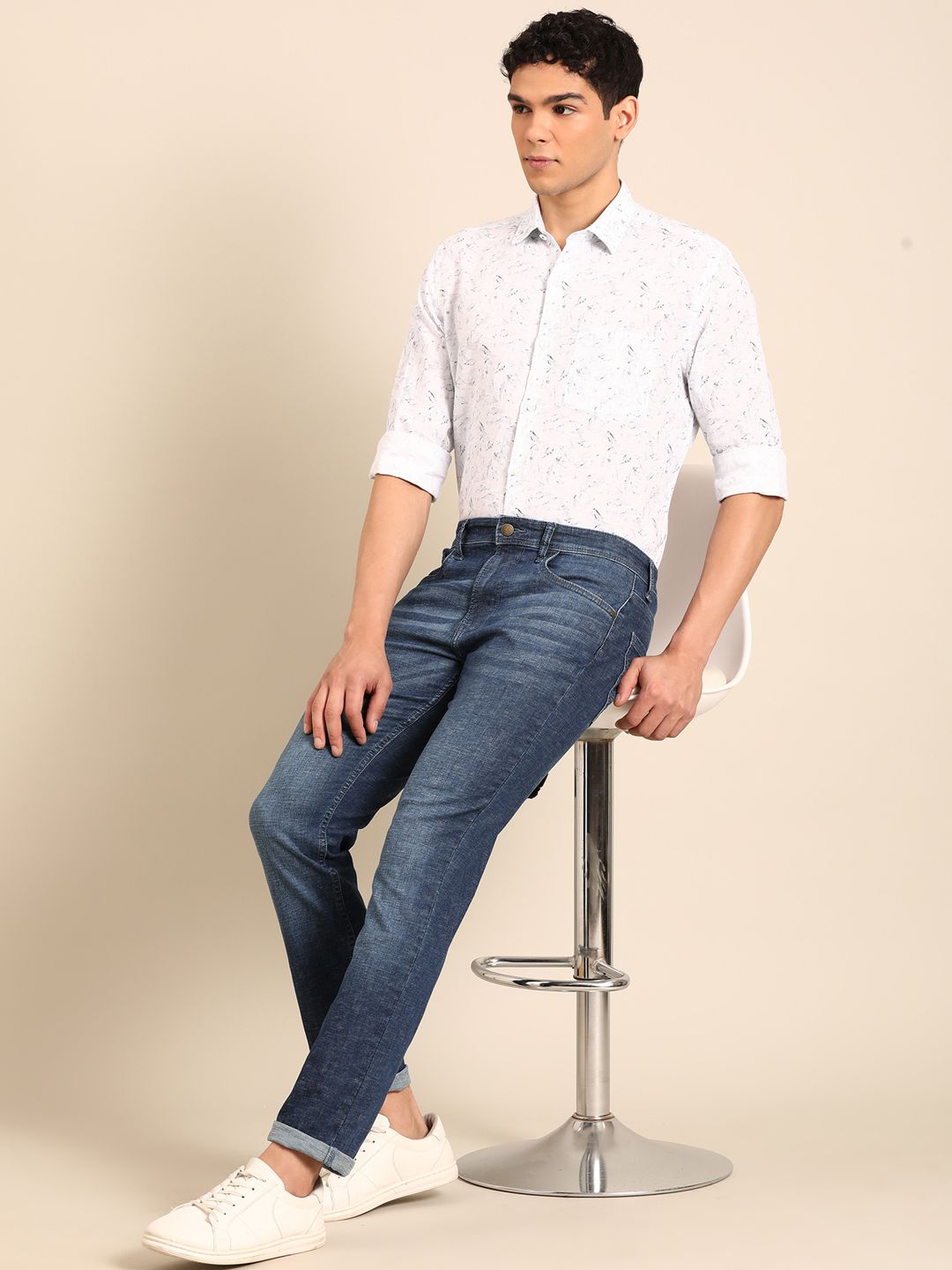 Linen Club Men's Linen Rich White Printed Contemporary Fit Full Sleeve Casual Shirt