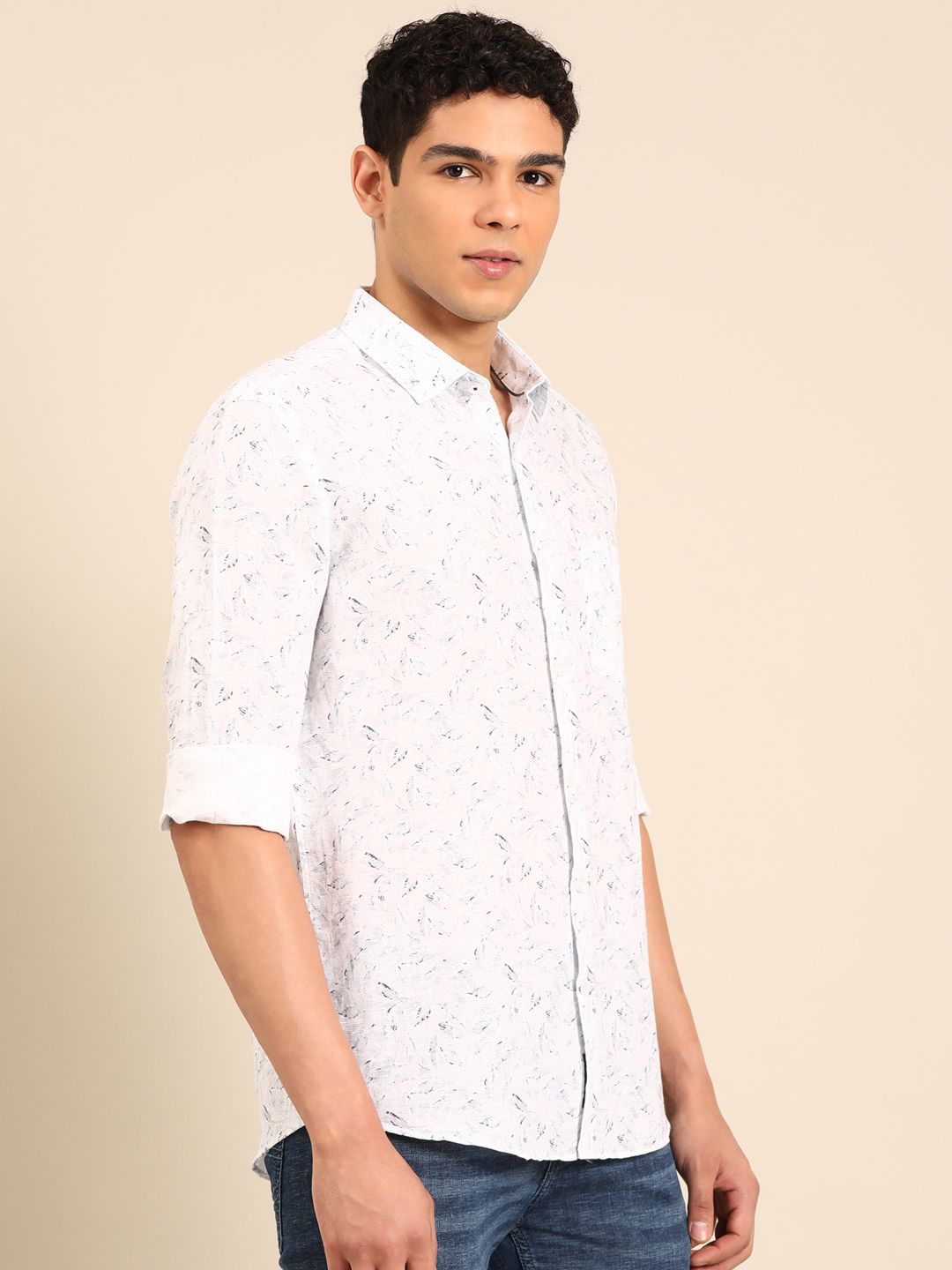Linen Club Men's Linen Rich White Printed Contemporary Fit Full Sleeve Casual Shirt