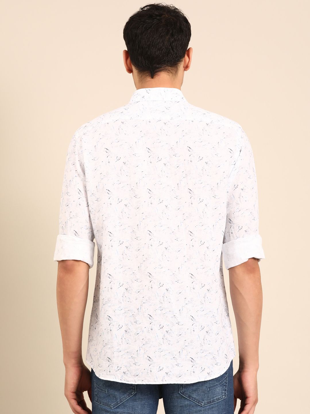 Linen Club Men's Linen Rich White Printed Contemporary Fit Full Sleeve Casual Shirt