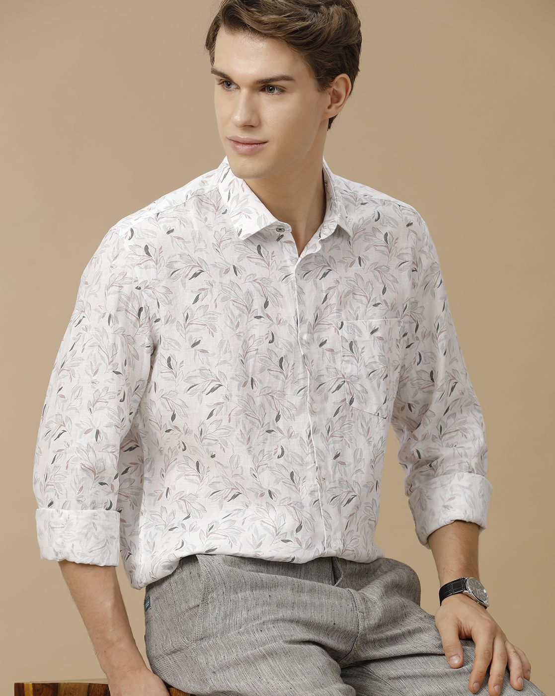 Men's Pure Linen White Printed Contemporary Fit Full Sleeve Casual Shirt