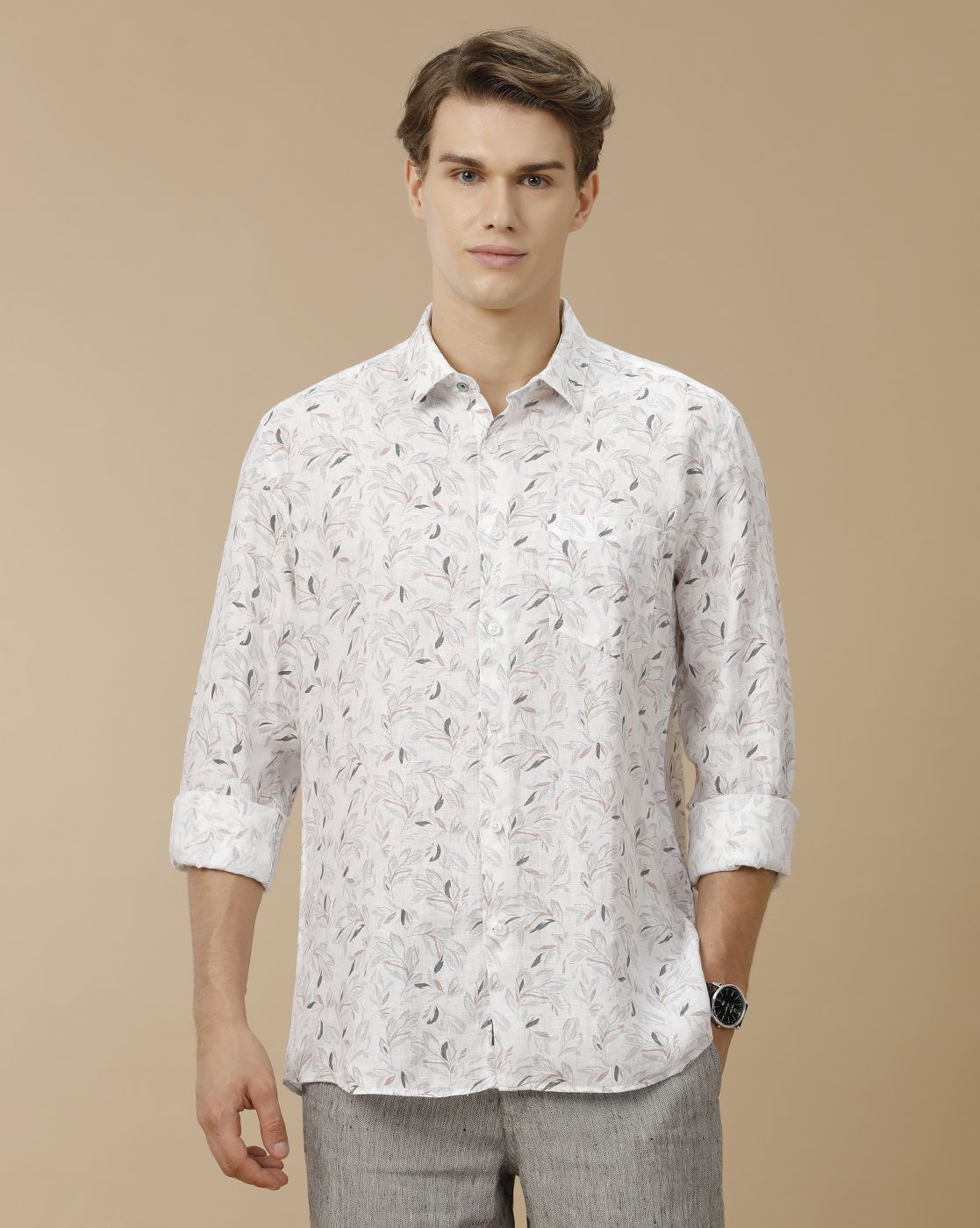 Men's Pure Linen White Printed Contemporary Fit Full Sleeve Casual Shirt