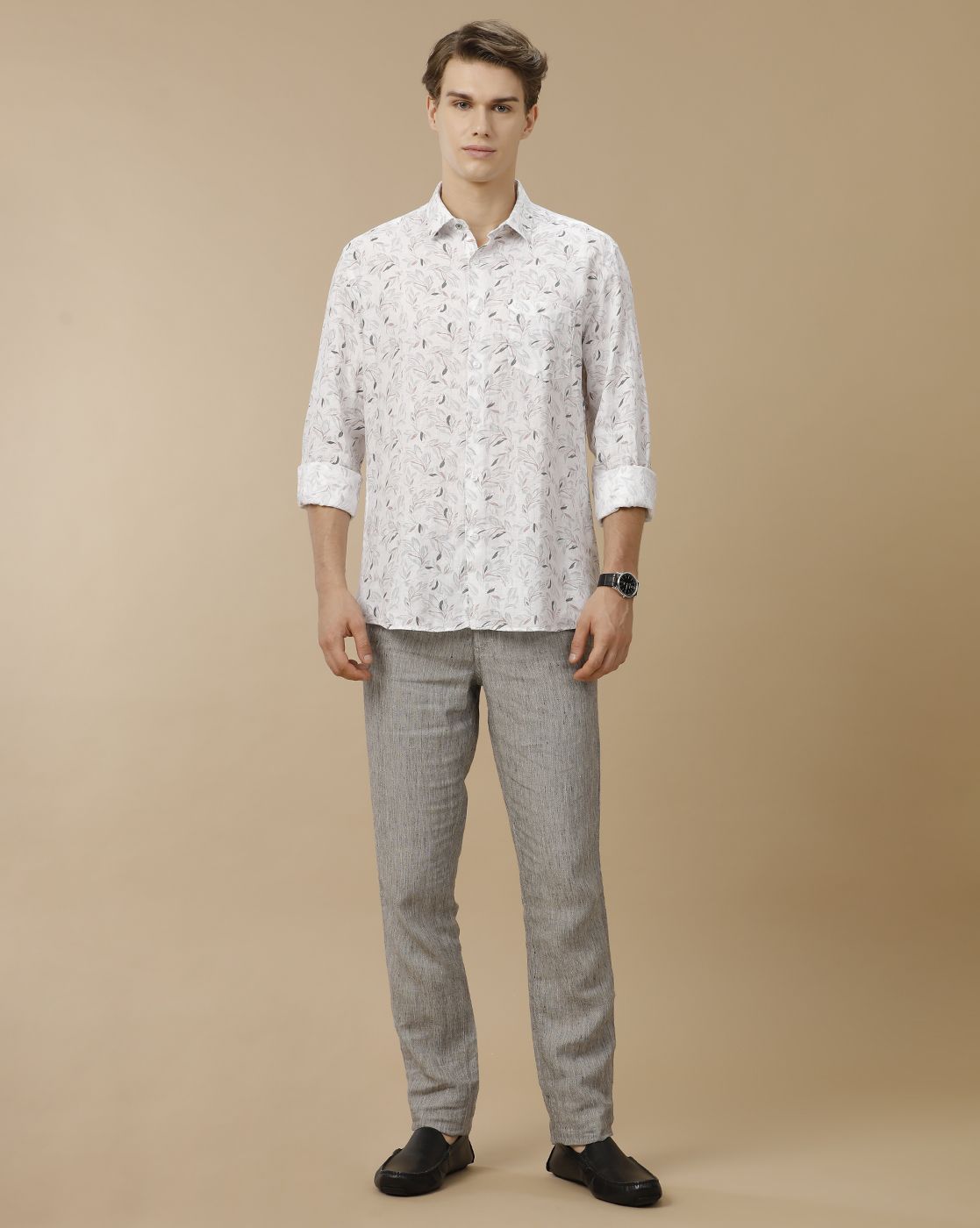 Men's Pure Linen White Printed Contemporary Fit Full Sleeve Casual Shirt